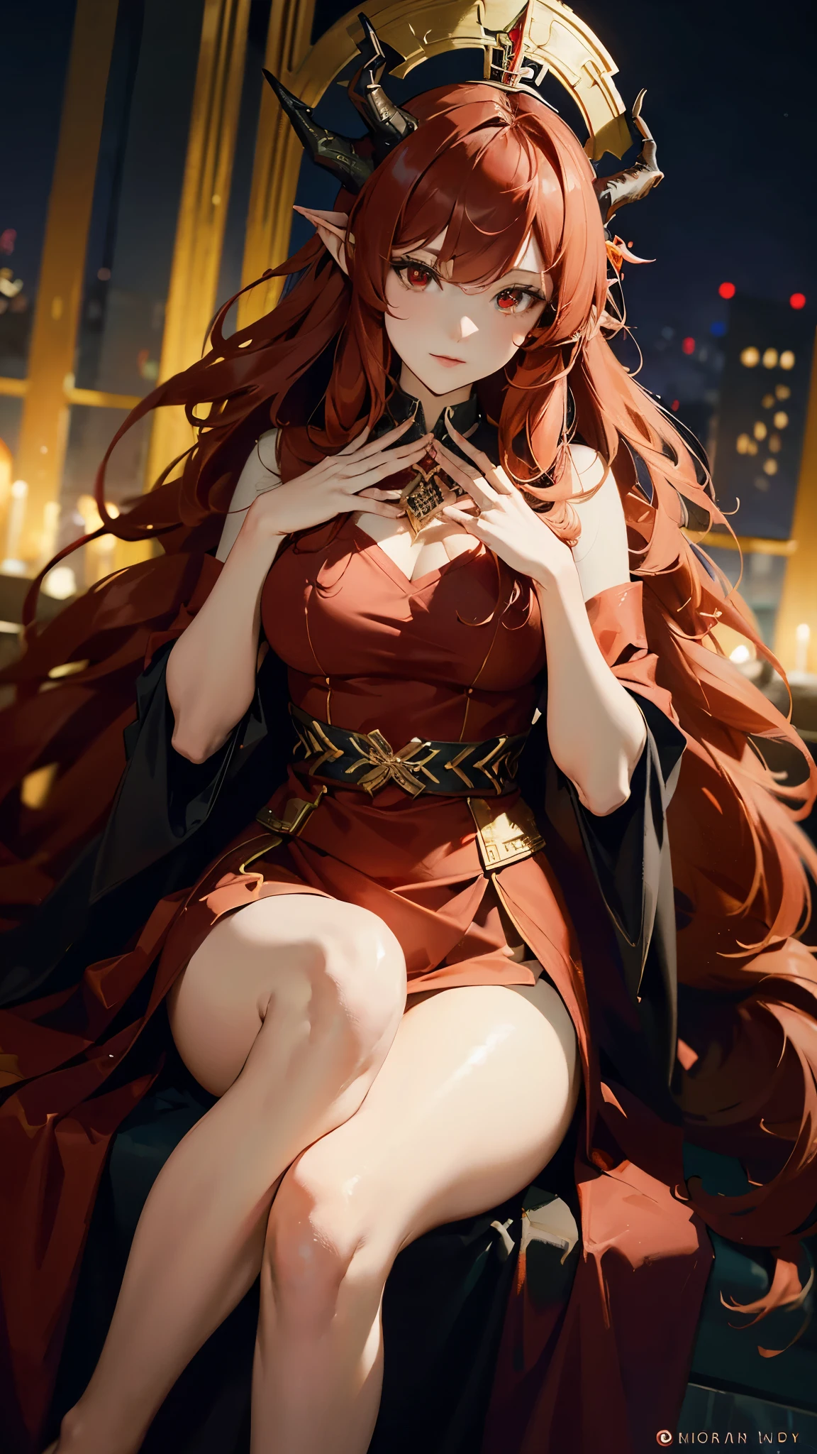 Create a mesmerizing digital painting depicting the serene beauty of an city building scene. Red blood everywhere. In the center of the scene, portray a young beautiful woman sitting on a throne, ((perfect figure)), with flowing red hair, ((she has horns on her head)), ((red eye)), wearing a sexy red and black dress. Capture her graceful presence as she interacts with the natural elements around her, infusing the city with an aura of tranquility and magic. It is night time.