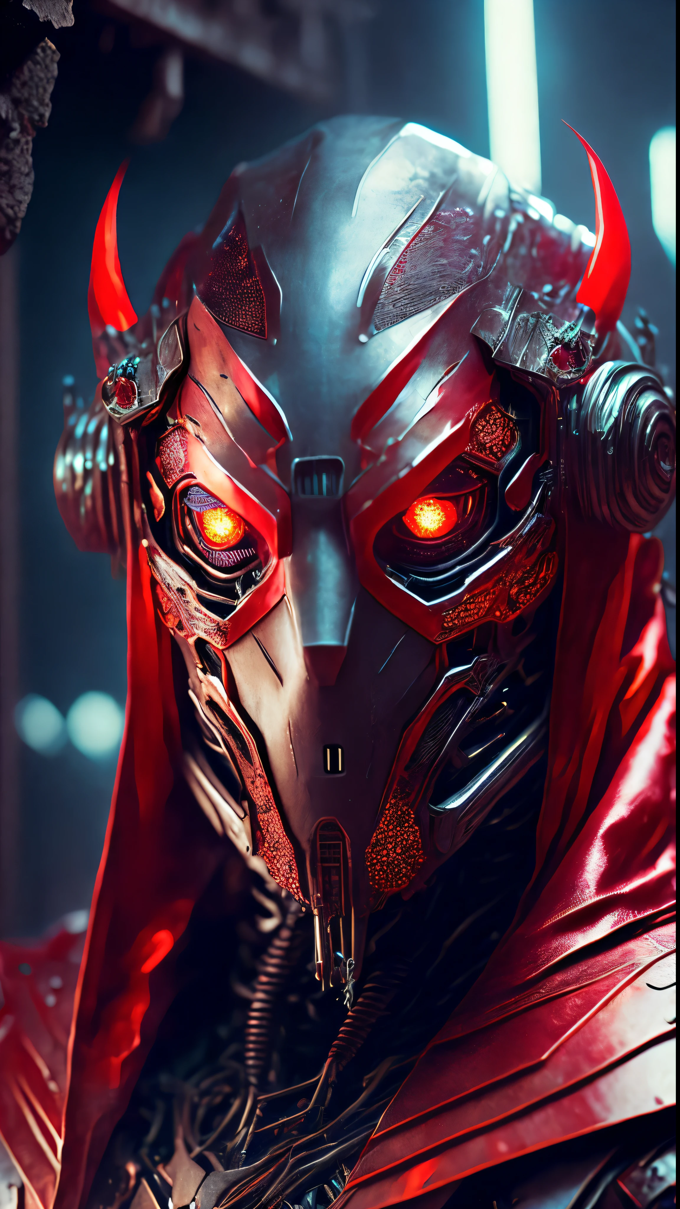 breathtaking cinematic science fiction photo of a portrait of a non human Grim wrapped in red chrome metal skin, body full glowing metrics inside, glowing multicoloured eyes, multifaceted eyes, metallic arms, inside a destroyed building, extremely menacing creature, highly detailed, award-winning