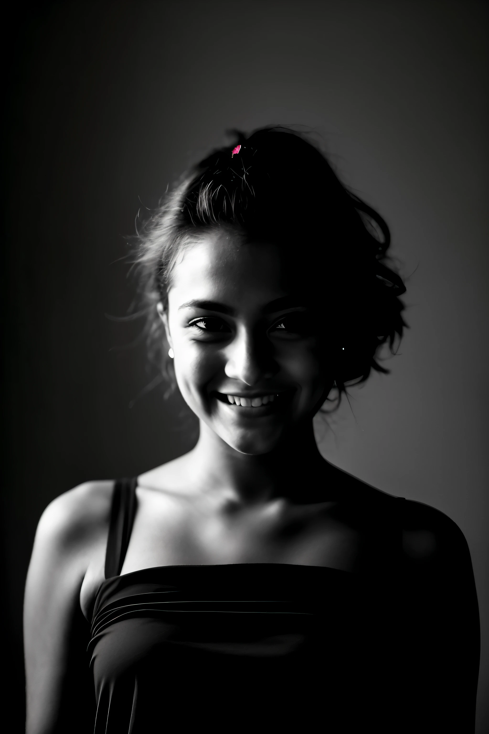 Foto RAW, retrato de cara impactante de mujer joven, vestida de negro, happy expression, sombras intensas, Cinematic shot, dramatic illumination.
