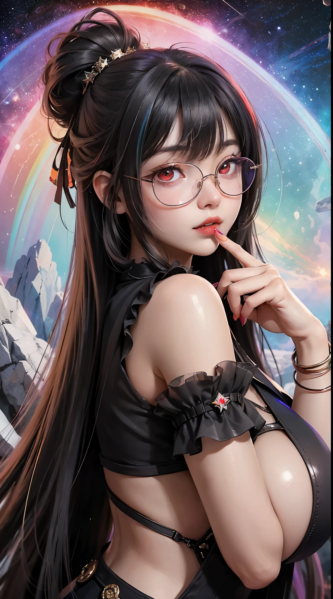1名 27歳 woman, got it、(best illustrations)、8k UHD resolution、intricate details、最high quality、realistic、Super detailed、best lighting、best shadow、soft lighting、ultra hd、dungeon and Dragon、cave、dungeon、 necromancer、night、dark style、Succubus、devil'Daughter of、bat wings,(((デーモンホーンラック縁round glasses))))、(((big breasts)))、(devil'tail)、(red eyes shine:1.6)、masterpiece、beautiful features、Tyndall effect、realisticphotograph、(high detail skin:1.2)、8KUHD、Digital single-lens reflex camera、high quality、photograph、High resolution、 absurd、Ponytail distortion、Optimal ratio of 4 fingers and 1 thumb、1 girl、hair ornaments、真っ赤に輝くgemのネックレス、gem、beautiful expression、body up、big breasts emphasis、tight waist、wide ass、Tyndall effect、Photoreal、(high detail skin:1.2)、dark and mysterious version, lipstick red lips, thin and beautiful lips, Don'Don'Don'don't laugh, please keep your mouth shut, Characters created by Karol Baku and Pino Denis, intricate details, detailed background, very detailed, magic of light, woman, cute face, ((((giant glasses, otaku glasses, thick glasses, round glasses))))、 looking at the Upper body of the goddess , round chest, big and round chest, phoenix hair brooch, long hair with bangs, (Long hair has seven colors like a rainbow:1.9), Beautifully detailed face and well-proportioned eyes, (Crystal clear red eyes: 1.8), Big round eyes and very beautiful and detailed makeup, Visionary, long silk nightgowns, mysterious makeup, ブresponseレット, I dyed the side bangs light yellow...., Upper body, (goddess Upper body: 1.8), hanging arms, リアルで鮮やかなphotograph, (stars that make up : 1.7), ( Space-time portal of sky and imagination: 1.8), fiction art, RAWphotograph,黒い着物のphotograph, 最高のphotograph , expensive_response, 最high quality, 最高のphotograph, 8K quality, 8k ultra , surrealism, 最も経済的な本物のphotograph, Artistic portrait of 12 signs, Symbol of one of the 12 signs on the reverse side, 12 Portrait of the Goddess, 最もrealistic配色, 最高のphotograph color, masterpiece, hair ornaments, ネックresponse, jewelry, beautiful face, Upper body, Tyndall effect, photographのようにリアルな, Dark studio, border light, two tone light, (fine skin) expensive: 1.2), 8k UHD, Digital single-lens reflex camera, soft light, expensive quality, volume light, Frank, photograph, expensive responseolution, 4K quality, 8k, Bokeh, smooth and sharp, 10x more pixels, Charming goddess, sexy goddess, (background space: 1.8), (milky way: 1.7), aurora, lightning, (auroraの背景: 1.8) <roller:crazy_perfect eyes_v1_from_v1_, beautiful goddess and flowers,