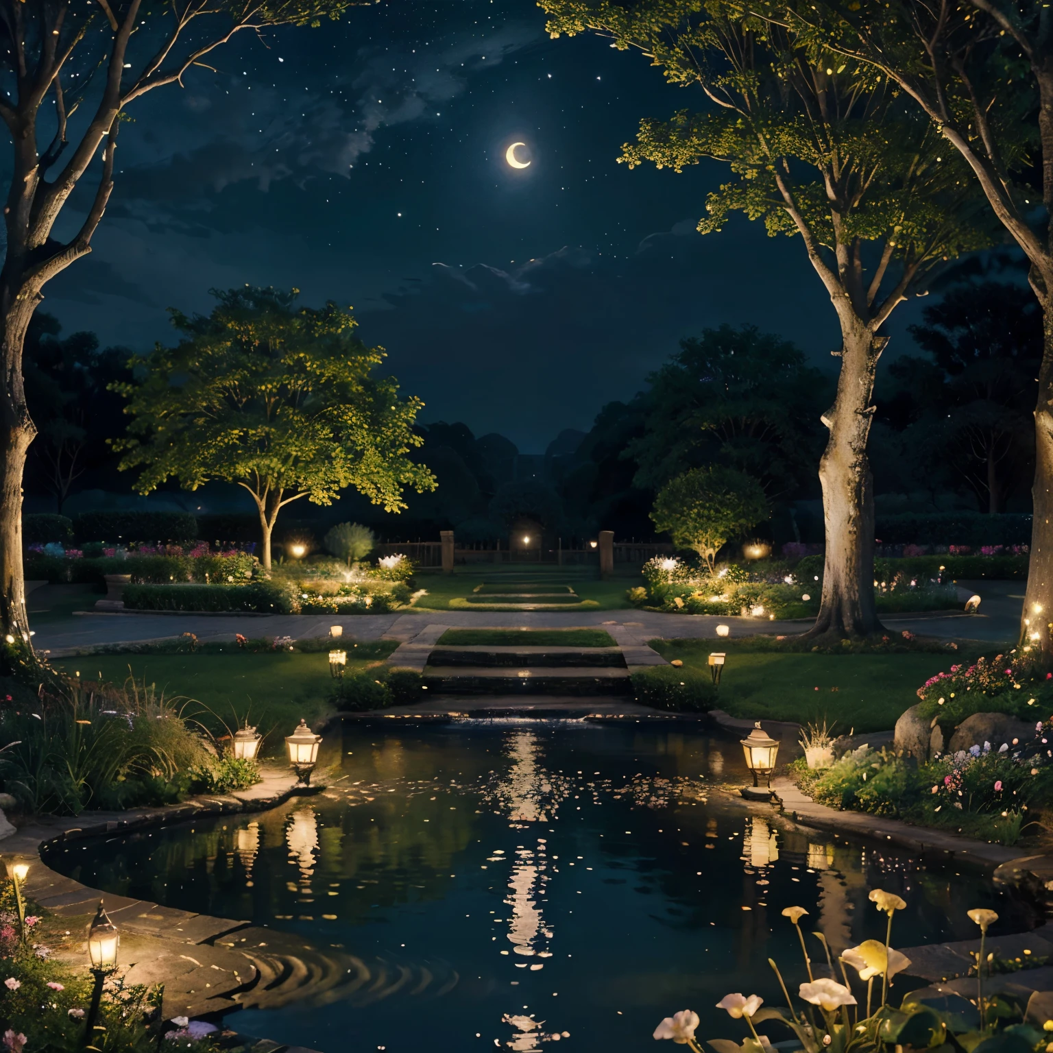 Starry night, vibrant colors, beautiful detailed eyes, serene garden, oil painting, moonlight, warm atmosphere, tranquil mood, picturesque landscape, soft lighting, masterpiece:1.2, detailed flowers, peaceful setting, gentle breeze, enchanting scene, calming beauty, dreamy ambiance.