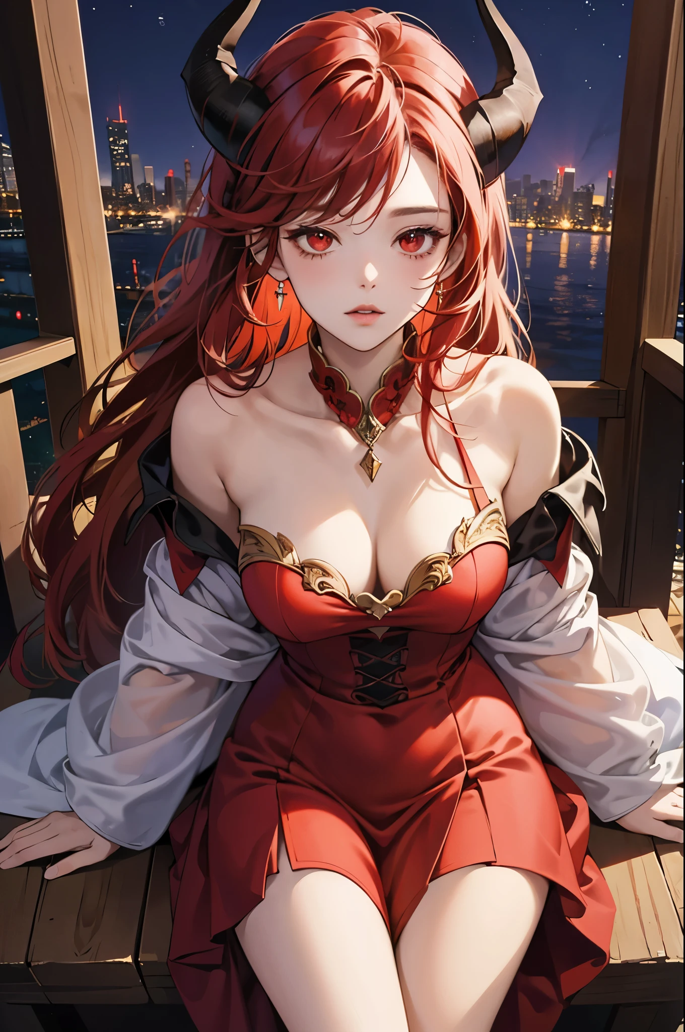 Create a mesmerizing digital painting depicting the serene beauty of an city building scene. Red blood everywhere. In the center of the scene, portray a young beautiful woman sitting on a throne, ((perfect figure)), with flowing red hair, ((she has horns on her head)), ((red eye)), wearing a sexy red and black dress. Capture her graceful presence as she interacts with the natural elements around her, infusing the city with an aura of tranquility and magic. It is night time.