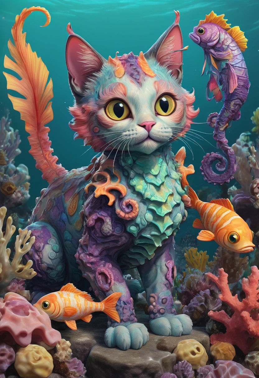 masterpiece, colorful cat with fish and corals, cat seahorse shapeshifter, cat seahorse fursona, highly detailed creature, detailed creature, surreal hybrid animals, fantasy creature, mythical creature, octopus cat, cute detailed artwork, cute detailed digital art, cat detailed, colorful illustration, 8k, high res