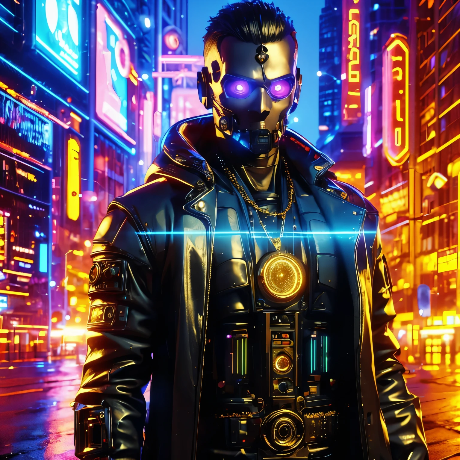 Machine, Cyberpunk, Black Leather Coat, Gold Chain, Skull Head, High-Beam Eyes, high-res portrait, Full Body, fantasy, vibrant colors, soft lighting, 3D, HDR, Very Detailed, HD, 8K genuine, Masterpiece, Background, Cyberpunk City, RTX