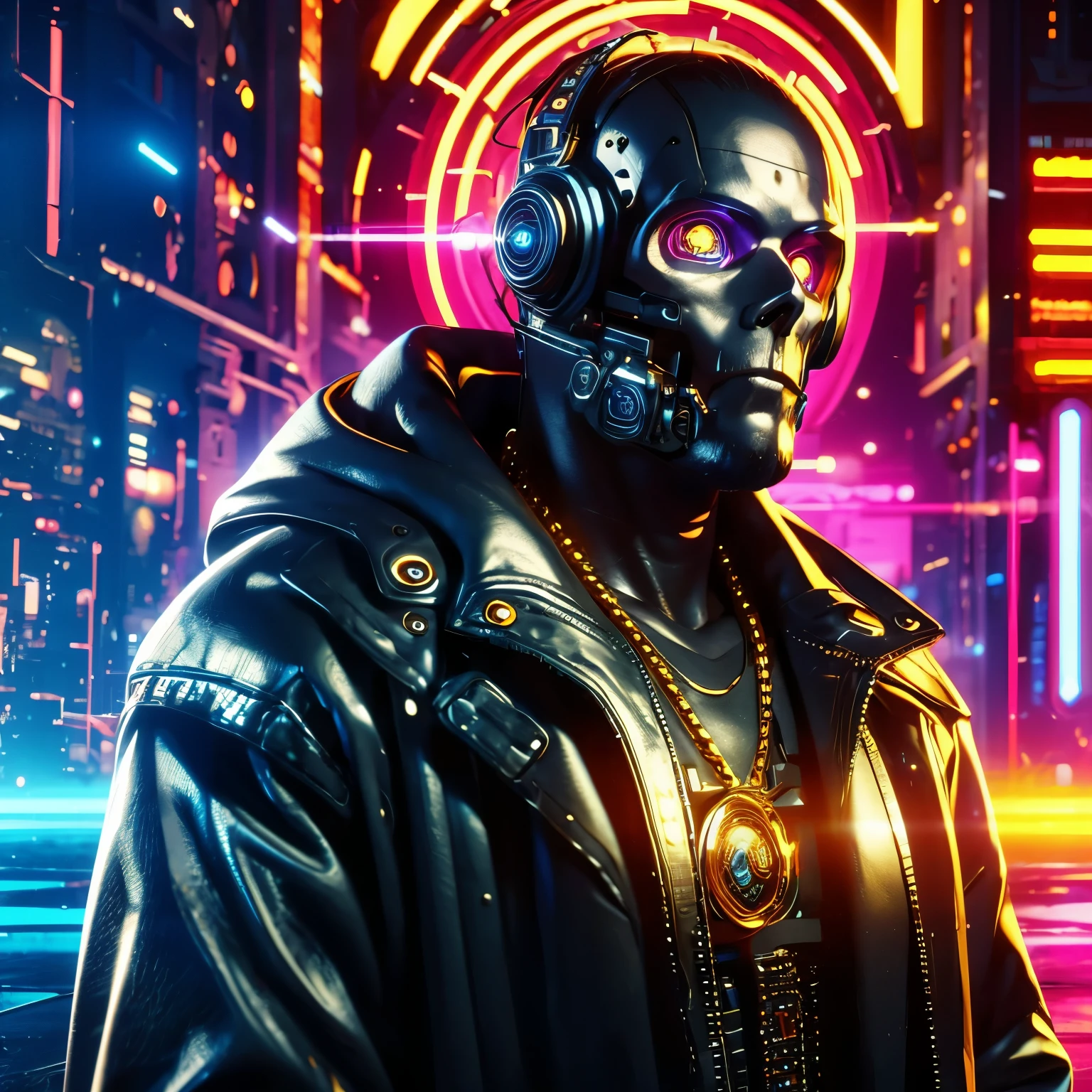 Machine, Cyberpunk, Black Leather Coat, Gold Chain, Skull Head, High-Beam Eyes, high-res portrait, Full Body, fantasy, vibrant colors, soft lighting, 3D, HDR, Very Detailed, HD, 8K genuine, Masterpiece, Background, Cyberpunk City, RTX