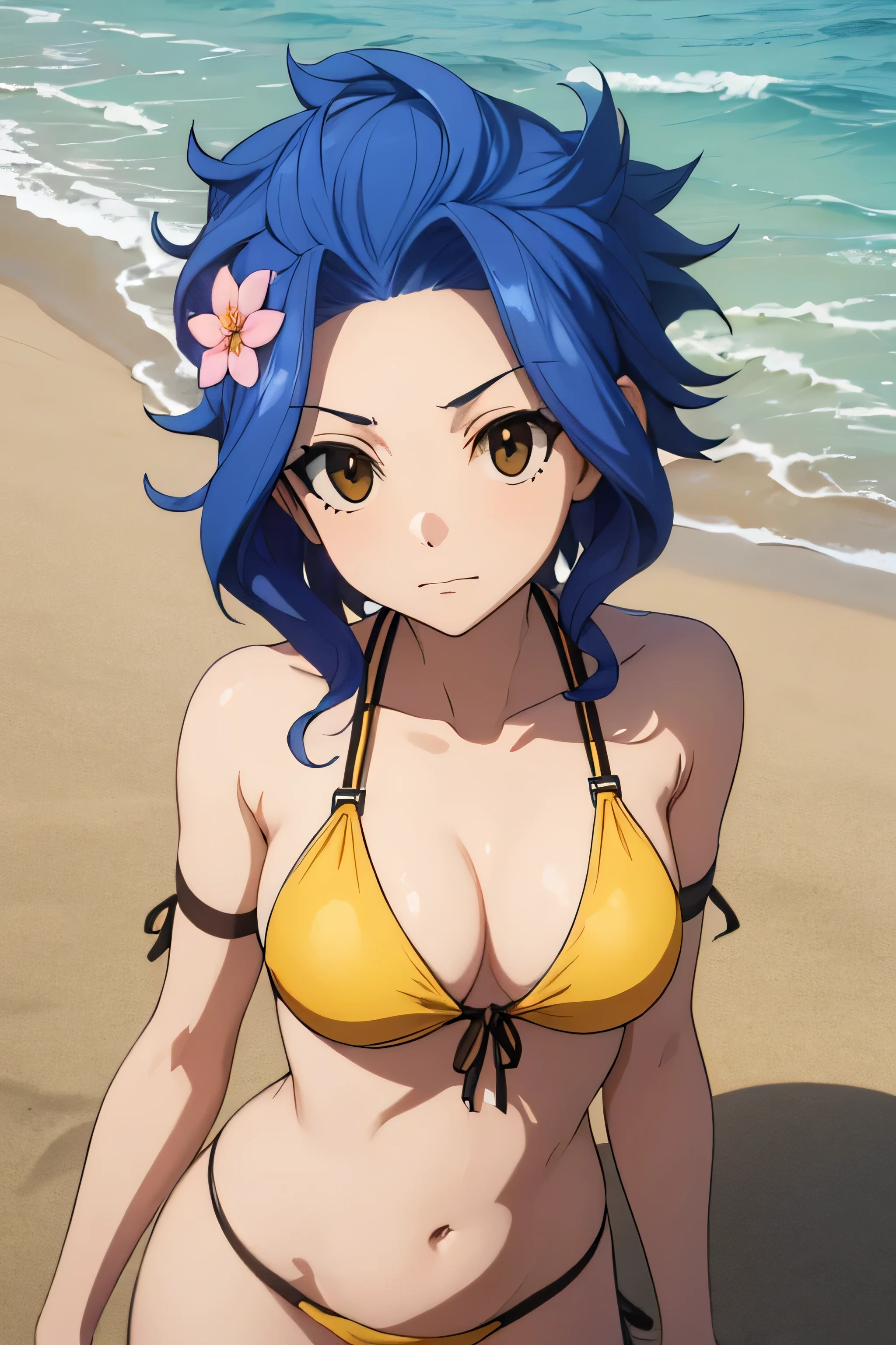 absurdres, high res, ultrasharp, 8K, {masterpiece}, expressive eyes, extremely detailed, best quality, perfect face, LEVY MCGARDEN, (BROWN EYES:1.35), BLUE HAIR, SHORT HAIR, SIDELOCKS, yellow hair band, hair flower, medium breasts, beach, bikini, standing,