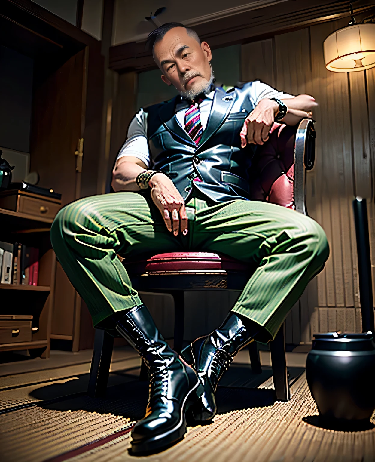 A 50-year-old middle-aged Chinese man sits in a chair, Japan, Chinese man, Camouflage trousers, Camouflage trousers, He wore a pair of black leather riding boots on his legs, massive boots, Wearing military shoes, Wearing camouflage uniform, Red striped tie, backhead, black hair, big eyes, With a whip in his hand, tom of finland style, Roses on the background, Holding whip with black and white stripes and lilac