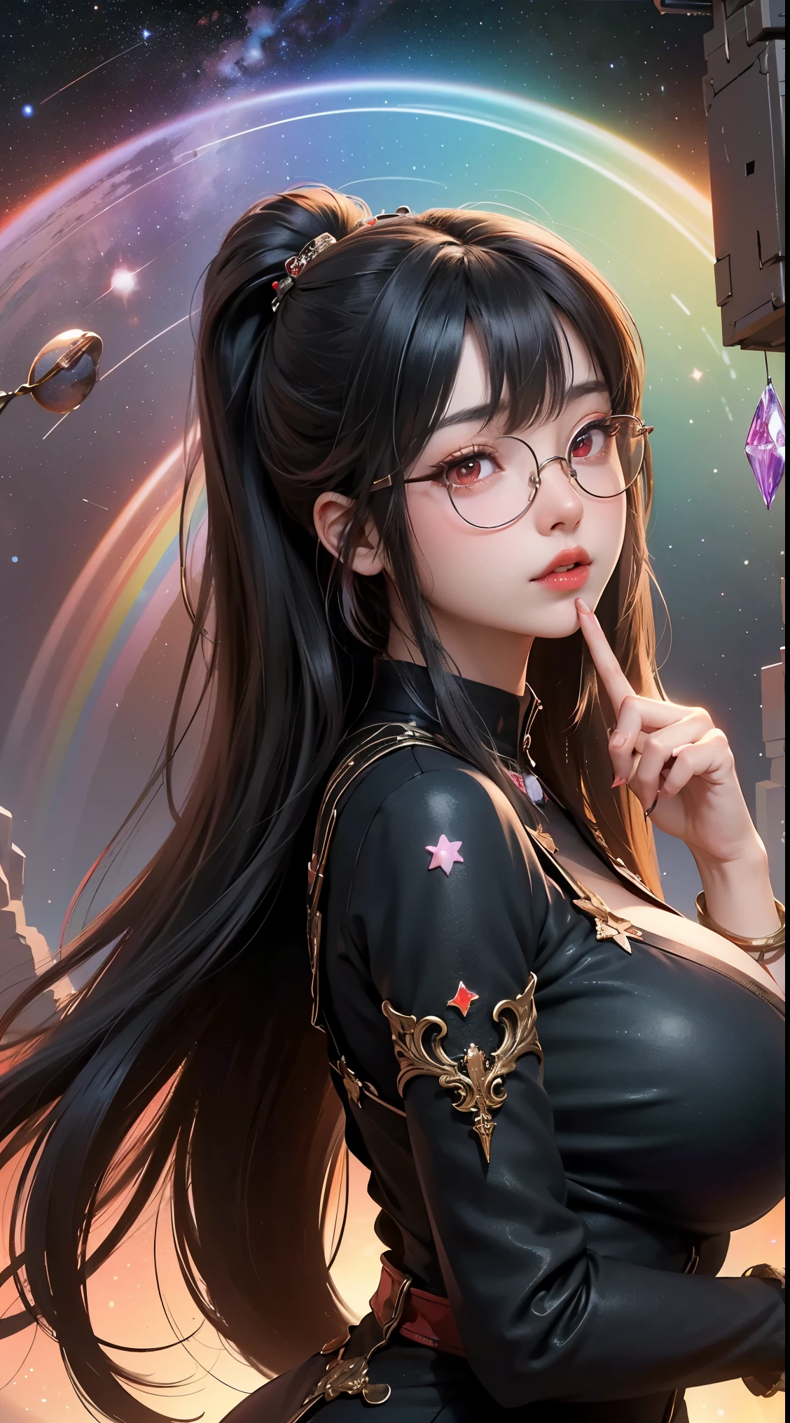 1名 27歳 woman, Understood、(best illustration)、8K UHD resolution、intricate details、最high quality、realistic、Super detailed、best writing、best shadow、soft lighting、ultra hd、dungeon and Dragon、cave、dungeon、 necromancer、night、dark style、Succubus、devil'Daughter of、bat wings,(((デーモンホーンラック縁round glasses))))、(((big breasts)))、(devil'tail)、(red eyes shine:1.6)、masterpiece、beautiful features、Tyndall effect、realisticphotograph、(high detail skin:1.2)、8KUHD、Digital single-lens reflex camera、high quality、photograph、High resolution、 absurd、Ponytail distortion、Optimal ratio of 4 fingers and 1 thumb、1 girl、hair ornaments、真っ赤に輝くgemのネックレス、gem、beautiful expression、body up、big breasts emphasis、tight waist、wide ass、Tyndall effect、Photoreal、(high detail skin:1.2)、dark and mysterious version, lipstick red lips, thin and beautiful lips, Don'Don'Don'Don'don't laugh, please shut your mouth, Characters created by Karol Baku and Pino Denis, intricate details, detailed background, very detailed, magic of light, woman, cute face, ((((giant glasses, otaku glasses, thick glasses, round glasses))))、 looking at the Upper body of the goddess , round chest, big and round chest, phoenix hair brooch, long hair with bangs, (Long hair has seven colors like a rainbow:1.9), Beautifully detailed face and well-proportioned eyes, (Crystal clear red eyes: 1.8), Big round eyes and very beautiful and detailed makeup, Visionary, long silk nightgowns, mysterious makeup, ブresponseレット, I dyed the side bangs light yellow....., Upper body, (goddess Upper body: 1.8), hanging arms, リアルで鮮やかなphotograph, (stars that make up : 1.7), ( Space-time portal of sky and imagination: 1.8), fiction art, RAWphotograph,黒い着物のphotograph, 最高のphotograph , expensive_response, 最high quality, 最高のphotograph, 8K quality, 8K ultra , surrealism, 最も経済的な本物のphotograph, Artistic portrait of 12 signs, Symbol of one of the 12 signs on the reverse side, 12 Portrait of the Goddess, 最もrealistic配色, 最高のphotograph color, masterpiece, hair ornaments, ネックresponse, jewelry, beautiful face, Upper body, Tyndall effect, photographのようにリアルな, Dark studio, border light, two tone light, (fine skin) expensive: 1.2), 8K UHD, Digital single-lens reflex camera, soft light, expensive quality, volume light, Frank, photograph, expensive responseolution, 4K quality, 8K, Bokeh, smooth and sharp, 10x more pixels, Charming goddess, sexy goddess, (background space: 1.8), (milky way: 1.7), aurora, lightning, (auroraの背景: 1.8) <roller:crazy_perfect eyes_V1_from_V1_, beautiful goddess and flowers,