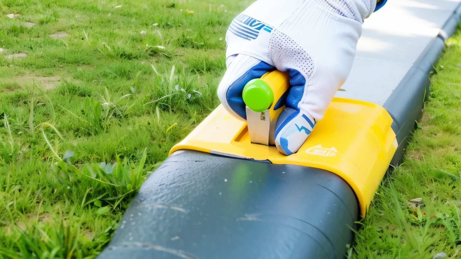 someone is holding a pair of gloves on a yellow BUILDRITE SPECIALTY TOOLS BLUE STEEL CONCRETE HAND EDGER , use to form the cement in the ground line shape, same design, 16k resolution, with expression, realistic image, hyper realistic image