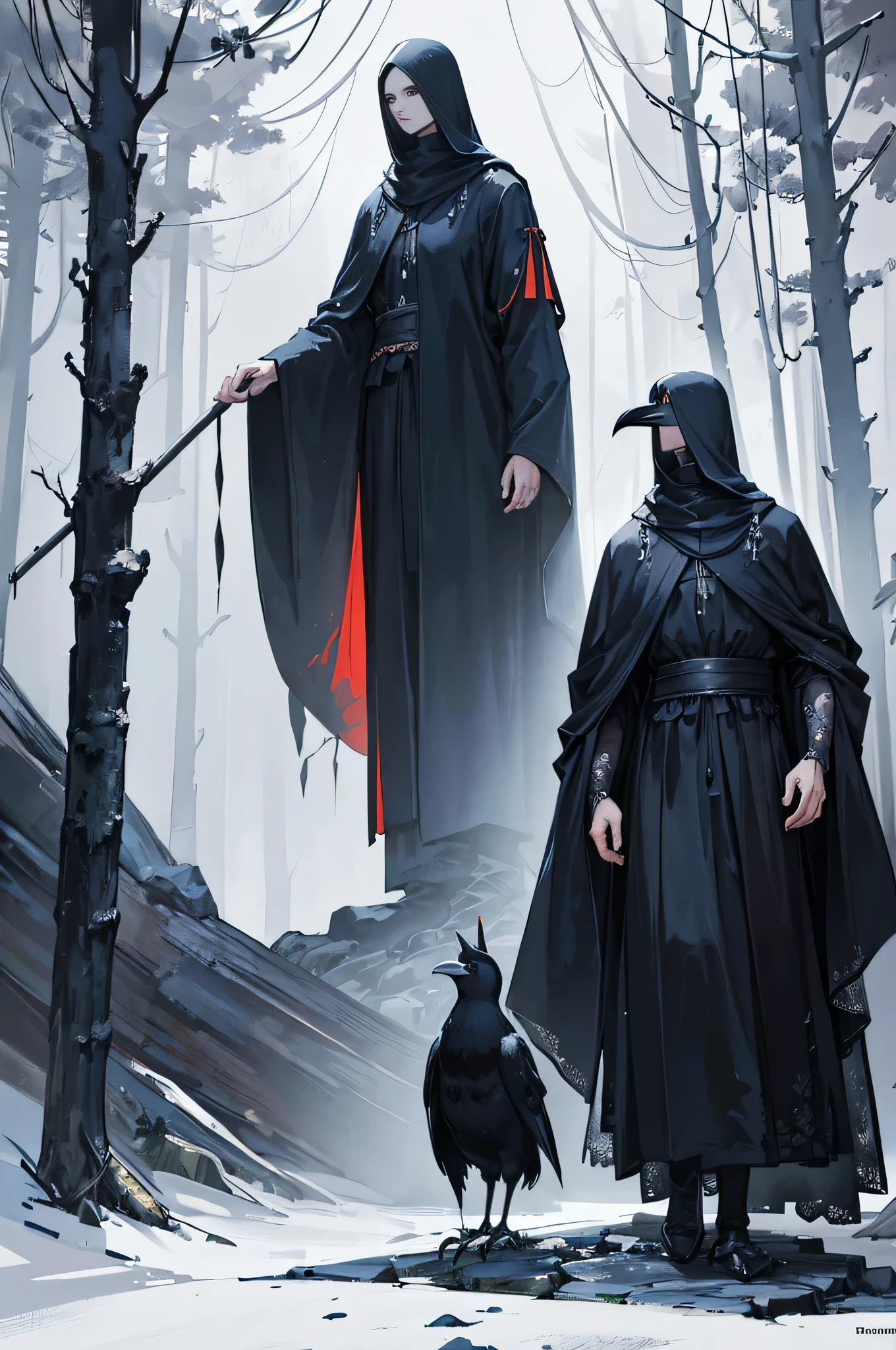 a anthropomorphic crow wearing tattered monks robes walks sadly through the stormy anddark pine forest, highly detailed illustration,concept art, magical realism
