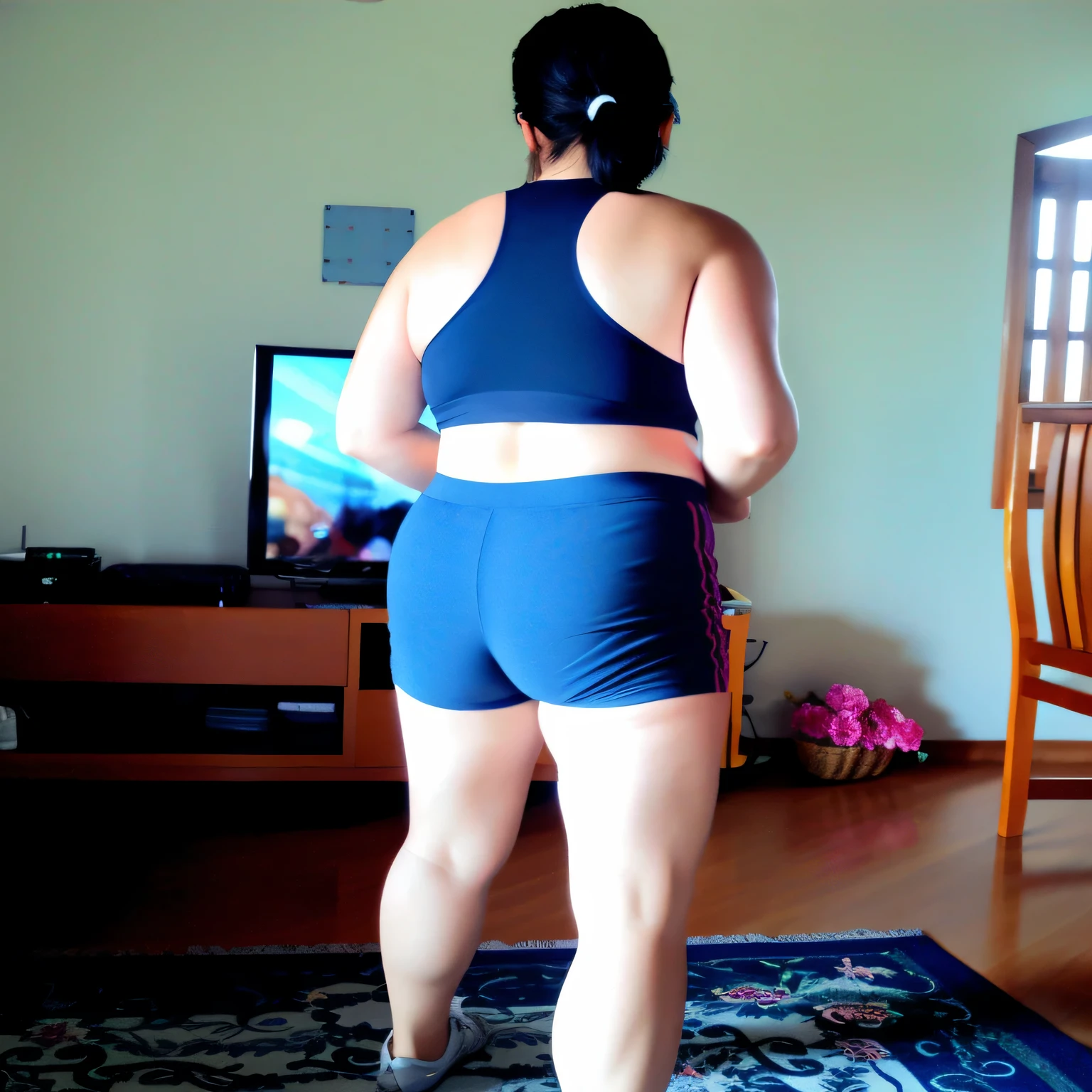 there is a woman in a tight blue blouse and tight blue shorts, jogando videogame, tiro traseiro, vista from behind, visto from behind, vista traseira, vista traseira!!, pose de costas, de volta - tiro, Tiro traseiro, tiro pelas costas, sports bra and shorts, Tiro from behind, from behind, long tiro pelas costas, sports bra and dark blue shorts. Foto de corpo inteiro, foto clara, alta qualidade, high resolution, obra-prima, 8K.