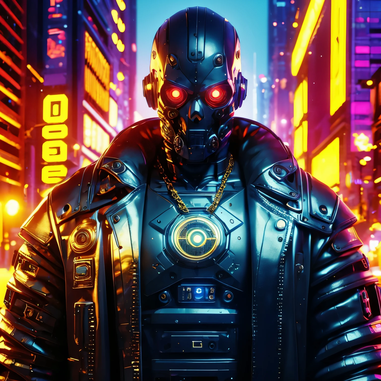 Machine, Cyberpunk, Black Leather Coat, Gold Chain, Skull Head, High-Beam Eyes, high-res portrait, Full Body, fantasy, vibrant colors, soft lighting, 3D, HDR, Very Detailed, HD, 8K genuine, Masterpiece, Background, Cyberpunk City, RTX