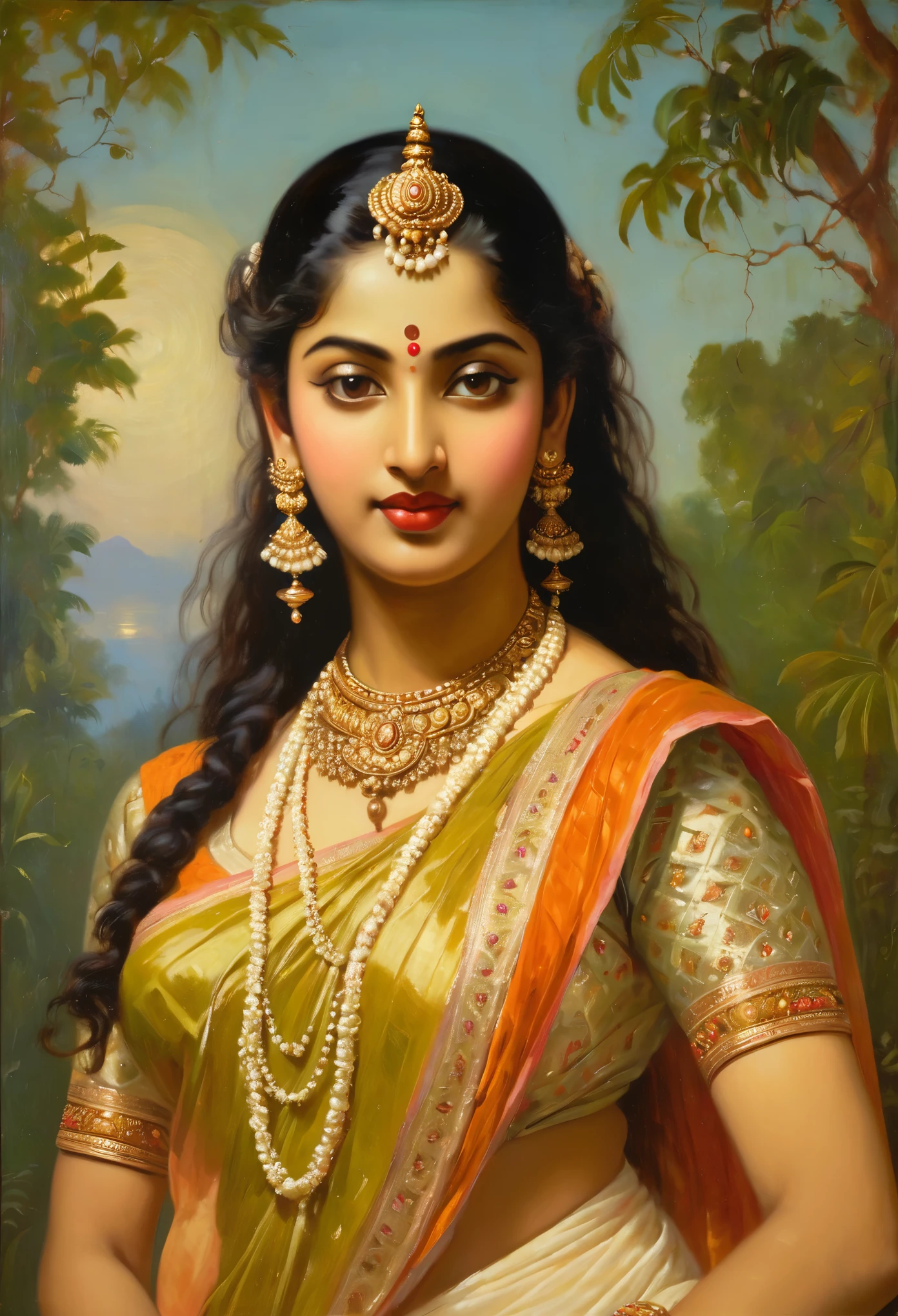 a oil painting of "Shakuntala" the famous mythological female character who exceptionaly beautiful, Apsara, Mohini, Kamini, based on Hindu mythology in Raja Ravi Varma Painting style, in baroque painting style, 19th century Academic Art