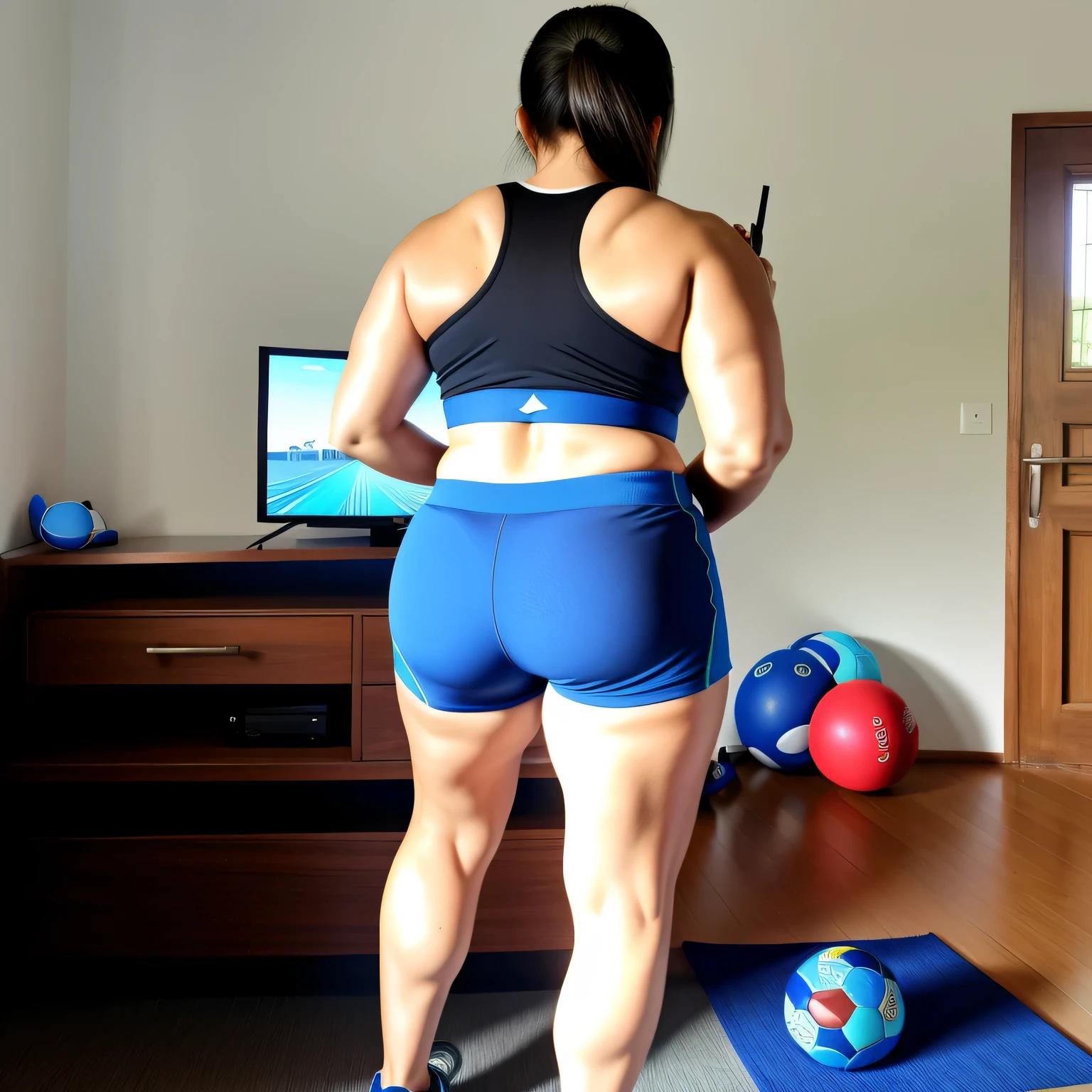 mulher de short curto jogando wii na sala de estar com tv, malhar, sport bra and shorts, suado 4 k, derriere tonificado, sport bra and dark blue shorts, tiro de fundo, view of the back, photo still of behind view, workout, de bermuda, bottom angle, lunging at camera :4, Assistir TV, cintura - tiro