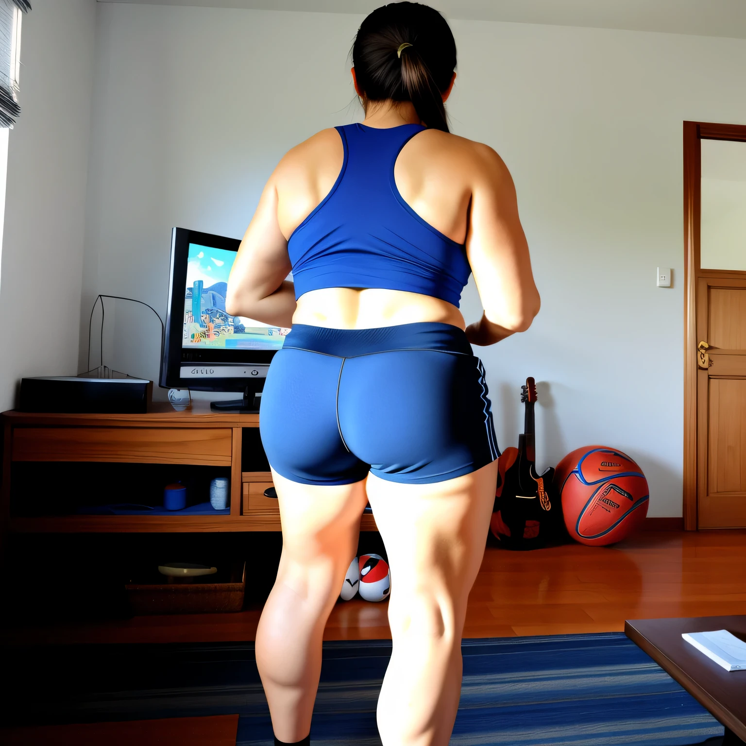 there is a woman standing in a living room playing a video game, centered full body rear-shot, waist reaching ponytail, side view of her taking steps, long shot from back, long shot from the back, back - shot, medium shot taken from behind, back pose, full growth from the back, hunched shoulders, back and standing