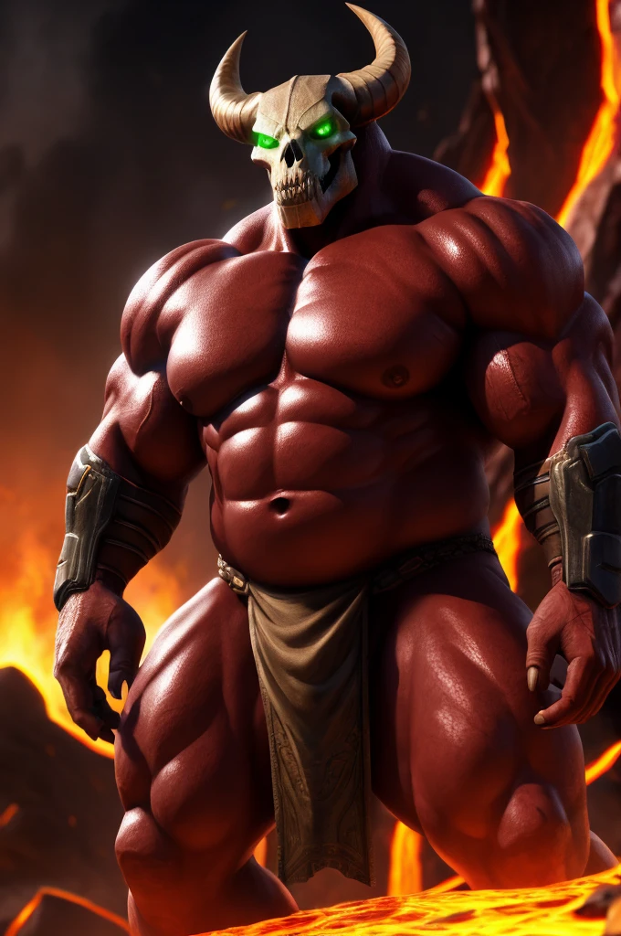 demon, skull, baron of hell, horn, doom \(series\), full body, portrait, detailed, (red skin), green eye, glowing eye, fire, hell, lava, thick neck, huge muscles, large muscles, red smooth skin, thick pecs, slightly chubby, 80mm, f/1.8, nude, (loincloth), symmetrical, hyper detailed, ultra realistic, unreal engine 5, studio lighting, cinematic, High Detail, dramatic, cinematic, 8k, highres , extremely detailed CG unity 8k wallpaper, realistic, masterpiece, highest quality, lens flare, unreal engine, trending on ArtStation, Intricate, High Detail, dramatic, realism, beautiful and detailed lighting, shadows