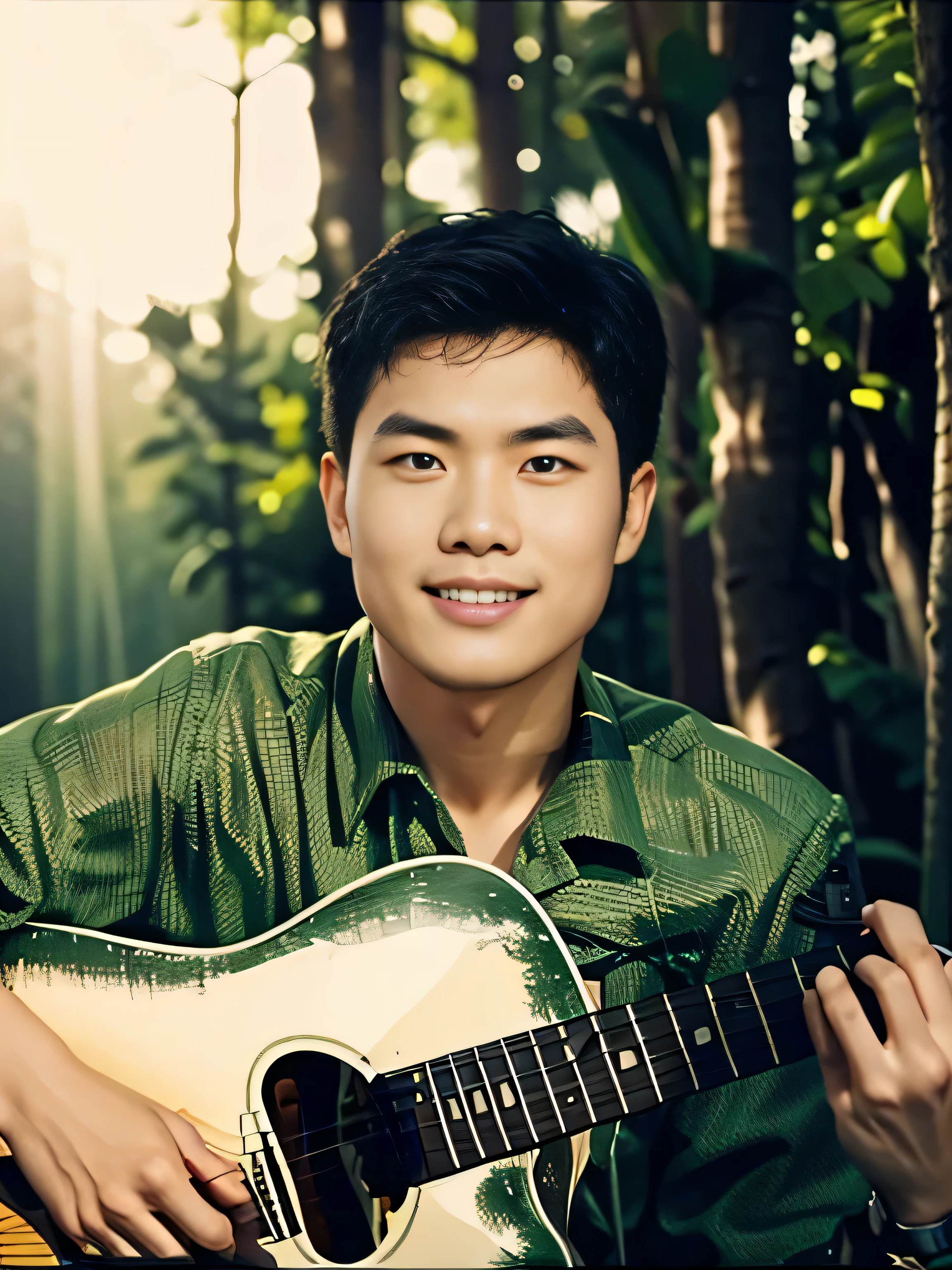 Highly realistic photo, ((masterpiece), (best quality), (raw photo), (photorealistic:1.4), Portrait of Vietnamese man, 25 years old, ((black hair)), ((smile with open teeth)), ((green uniform shirt)), sitting holding the guitar, ((behind is the forest background)), photo taken by Sony A7IV