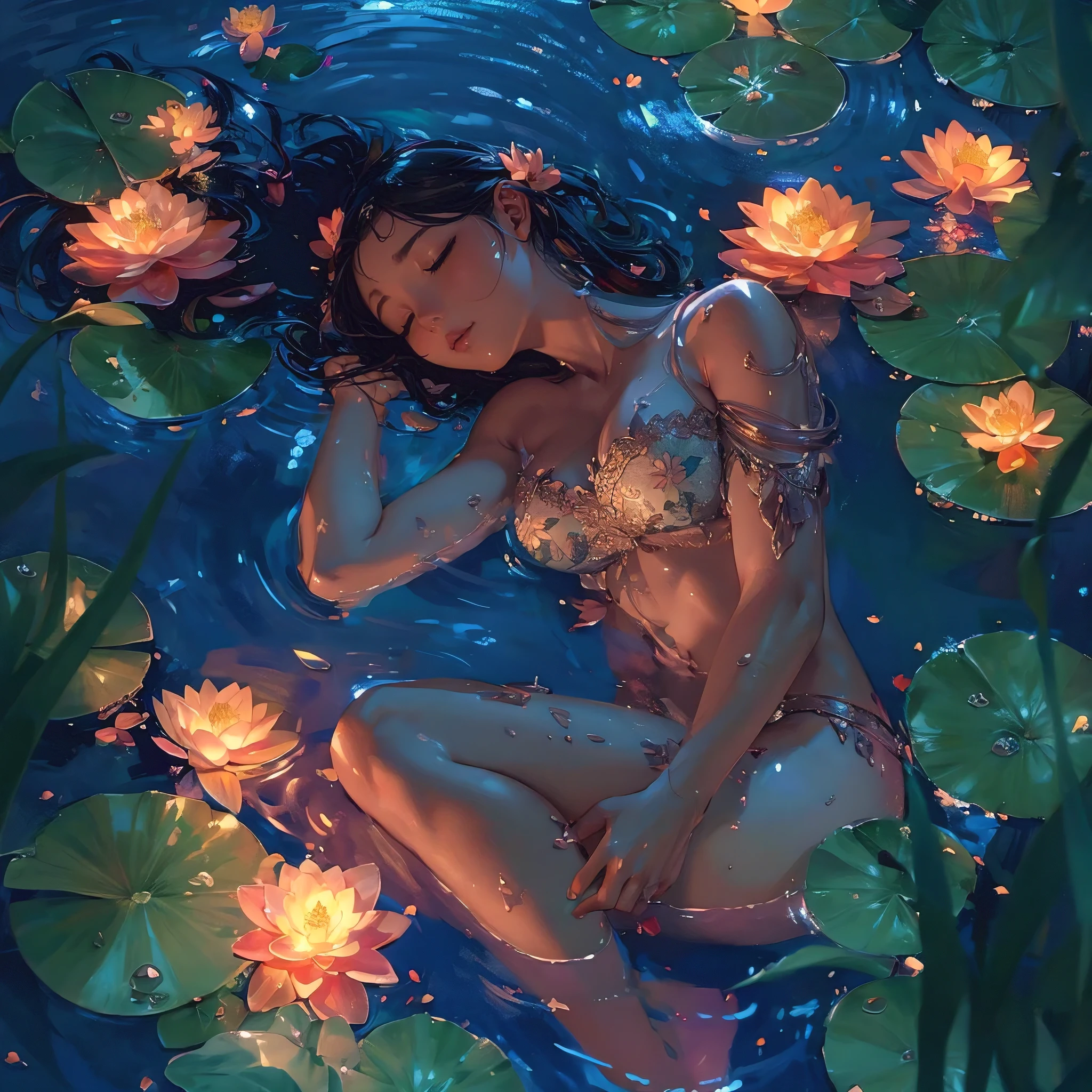 (best quality, masterpiece:1.2), perfect body, (huge breasts, nude), whole body underwater, head on surface, sleeping pose, pond, surrounded by water lilies, late evening, elaborate details, perfect illustration