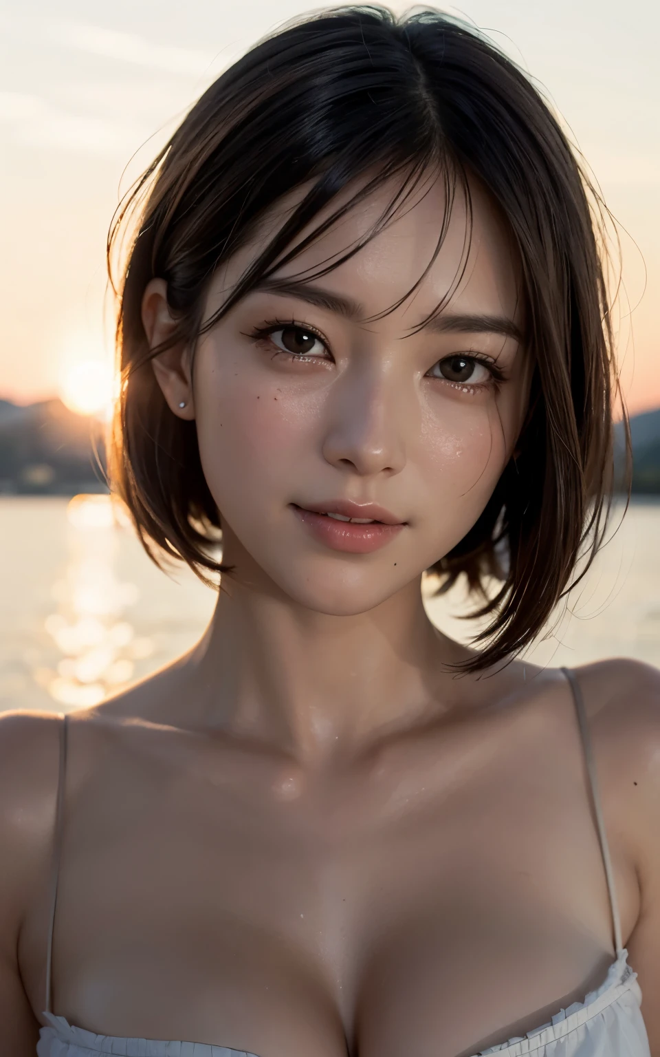 upper body shot、Front view、young beautiful japanese woman、gentle features、super cute face、glossy lips、double eyelids in both eyes、natural makeup, crying smile, long eyelashes are bright, Short bob and light brown hair、hair swaying in the wind, asymmetrical bangs、center image、8K、high detail、detailed hairstyle、detailed face、epic movie lighting、octane rendering、vibrant、surreal、perfect limbs、perfect anatomy, Lakeside at Sunset