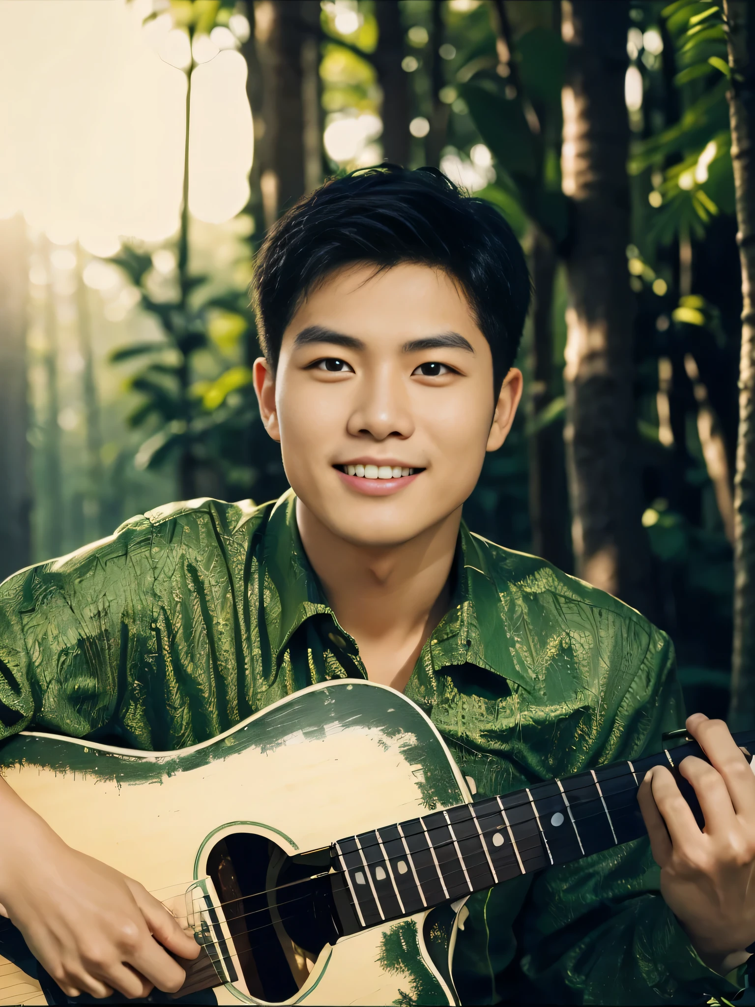 Highly realistic photo, ((masterpiece), (best quality), (raw photo), (photorealistic:1.4), Portrait of Vietnamese man, 25 years old, ((black hair)), ((smile with open teeth)), ((green uniform shirt)), sitting holding the guitar, ((behind is the forest background)), photo taken by Sony A7IV