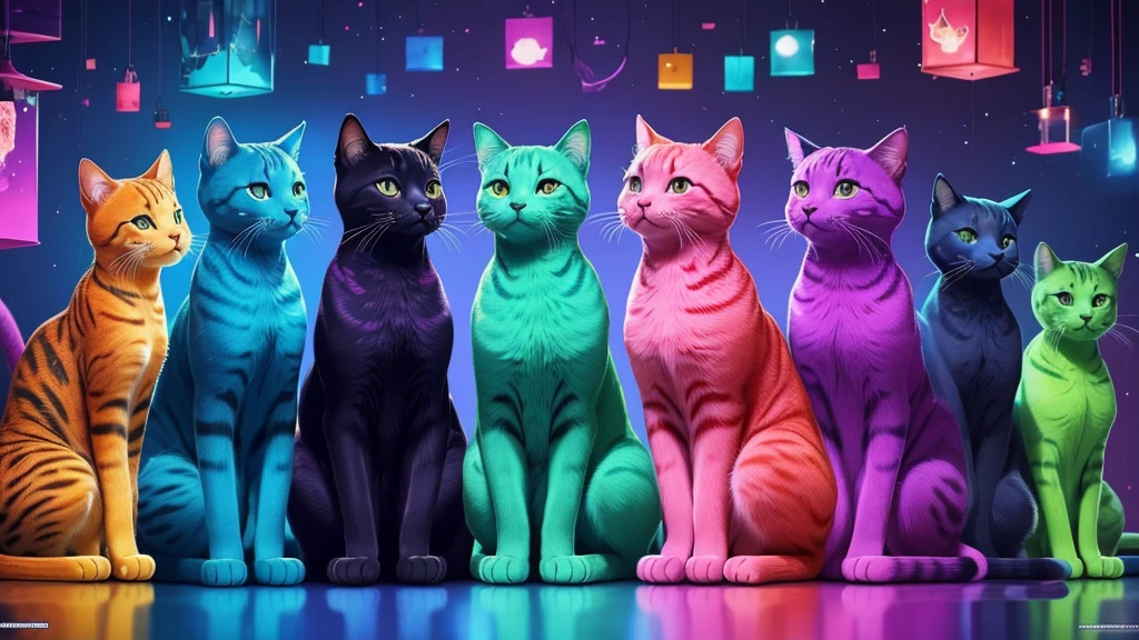 there are many cats that are all different colors together, beautiful neon cats, a lot of cats together, cats pattern, gorgeous art, colorful hd picure, stunning art, amazing wallpaper, colorful picture, hd wallpaper, cats cat dreamcats, incredible art, cats, lots of colors, colorful digital painting, cat cat dreamcats, beautiful and colorful