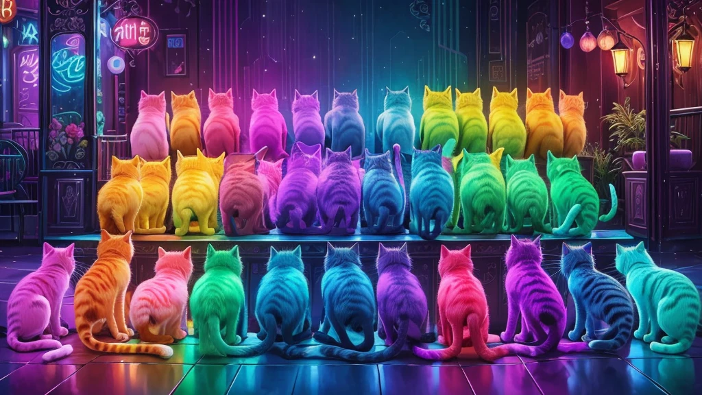 there are many cats that are all different colors together, beautiful neon cats, a lot of cats together, cats pattern, gorgeous art, colorful hd picure, stunning art, amazing wallpaper, colorful picture, hd wallpaper, cats cat dreamcats, incredible art, cats, lots of colors, colorful digital painting, cat cat dreamcats, beautiful and colorful