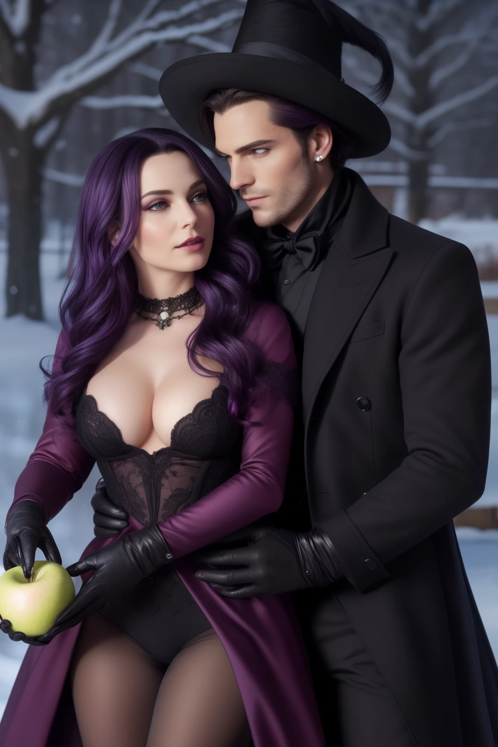 A captivating dark romance book cover featuring a seductive man in a tailored suit, with a mesmerizing Native woman beside him. her hair is adorned with vibrant purple highlights. She dons an enchanting witch costume, complete with a pointed hat and an alluring smirk, as she holds an enticing apple in her hand. Both characters exude sex appeal, their gloved hands subtly accentuating their allure. The scene takes place under the wintry weather, with the chill in the air only amplifying the passion between them. The art style leans towards realism, with a focus on photorealistic elements that are sure to leave women yearning to unravel