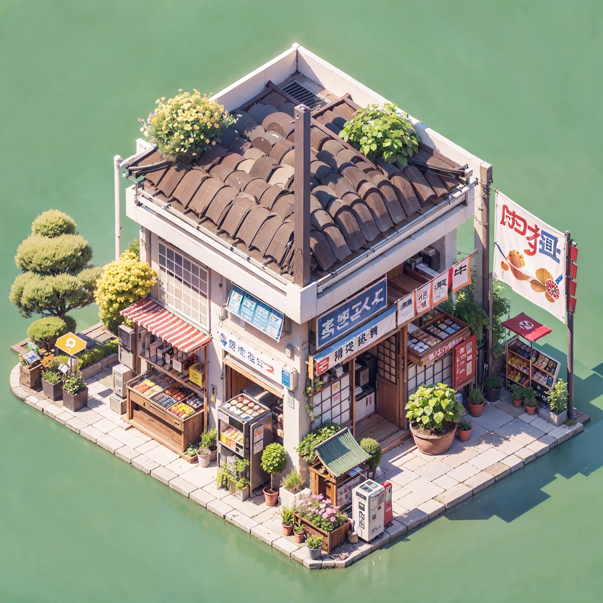 isometric house, (top-down 45-degree perspective), cartoon, modern japanese store, plant pots, outdoor vending machines, japanese banners, japanese signs, japan, blank background, clear structure, correct light and shadow, 3D rendering. --v 6