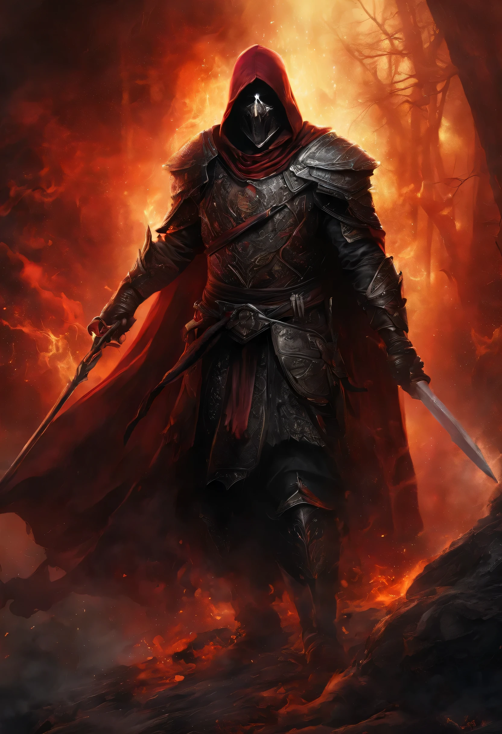 (ultra-detailed CG unit 8k wallpaper, Master parts, Best quality, depth of fields, hdr, complex), Tall, The sinister Dark Assassin wears a metal mask,Bright red eyes,Light and dark armor,Behind him he wears a low-key red cloak,Holding a sharp dagger in his arms,Step into the burning village, (complex: 1.4) (Master parts: 1.4) (illustration: 1.4), Red studio lighting, Post-processing, 8K resolution, deep dark background, imponent, Well-composed photos, Impressive, dark fantacy (director: greg rutkovsky: 1.2), (darken: 1.5)