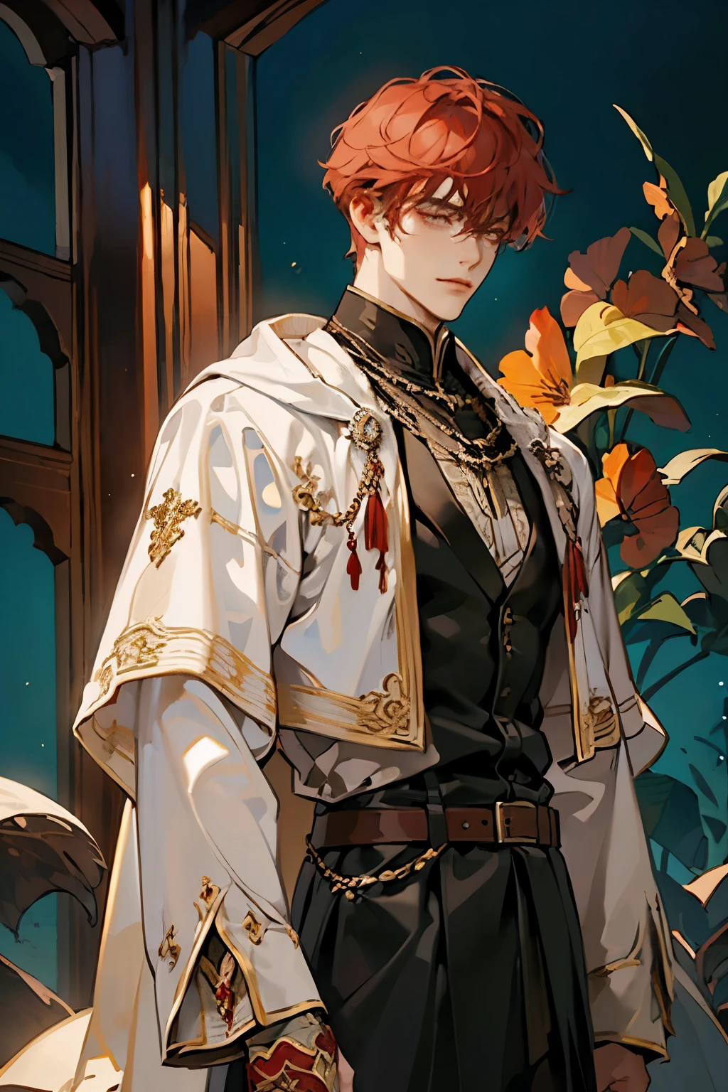 (best quality,adult,1 man,mature,very tall,elegant,short crimson hair,dark eyes,bohemian-style medieval clothing,fantasy medieval background,soft lighting,scholarly)