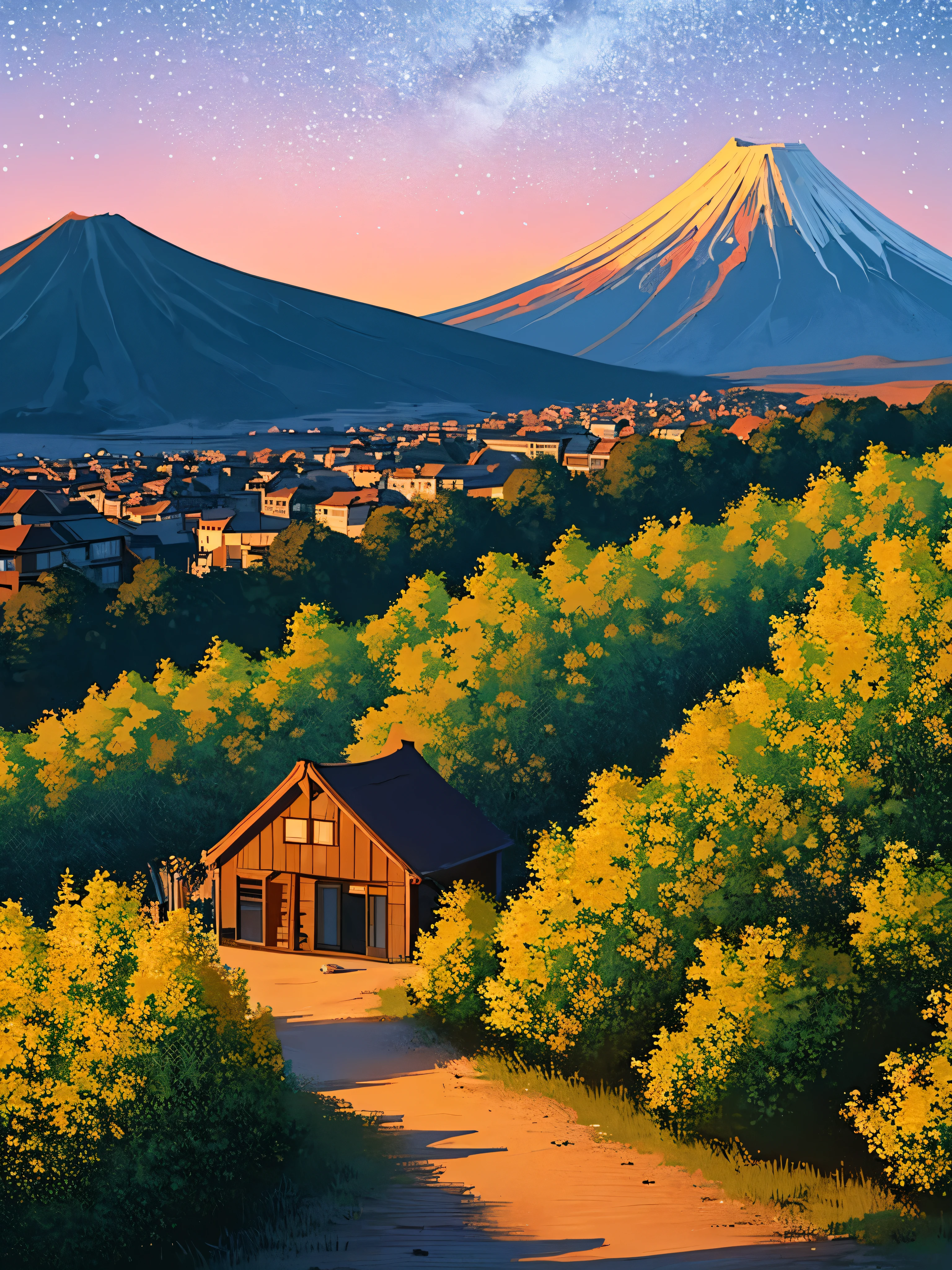 aerial view of a wooden cabin on edge of a cliff, starry night sky, light bulb outside, skylight falling on cabin, vibrant blue pink and purple hues, sunset behind mount fuji, wooden fencing, dark, grassland, muddy path leading to cabin, lofi environment