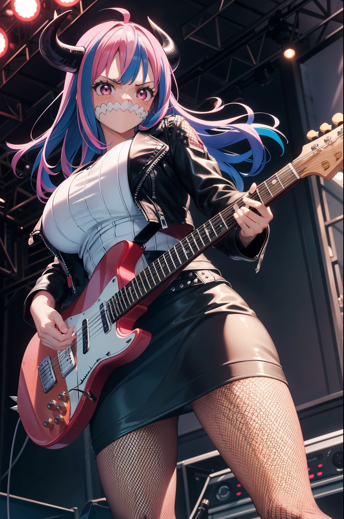 HDR, RAW image, high quality,(masterpiece, 最high quality:1.4), cinematic light, colorful, high contrast, (1 girl), UltiOP, One Piece Anime

((big breasts)), striped hair, colorful hair, long hair, blue hair, pink hair, bangs, up style hairstyle, (horn:1.1), pink eyes, dynamic pose, free pose, stand, cowboy shot, smile, blush

(leather jacket:1.3), (Black leather skirt:1.3), (black pencil skirt:1.3), (Fishnet tights:1.3), (spike:1.3), (guitar:1.3), (live house:1.3), (live stage:1.3)