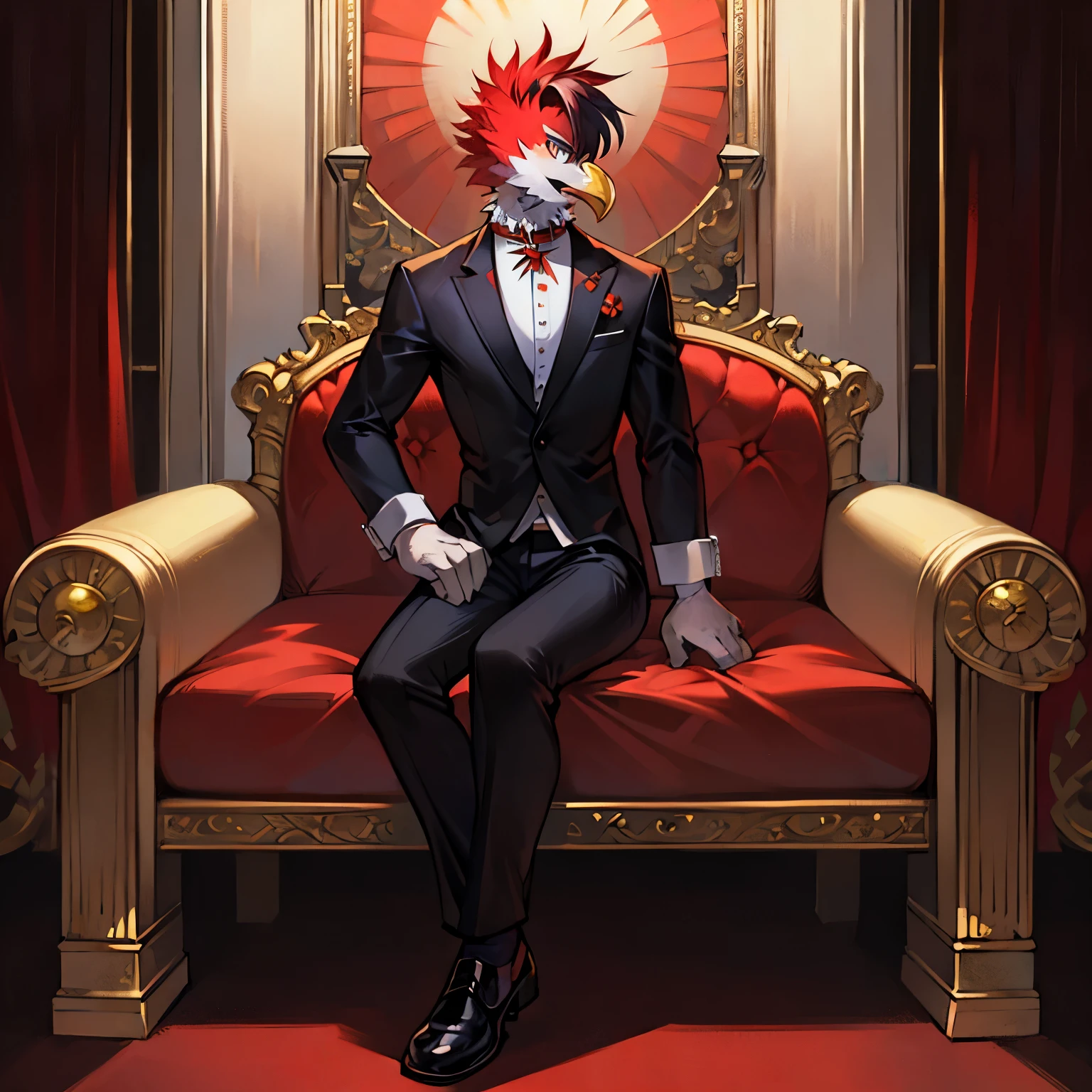 Rooster with Suit
Rooster in Formal Attire,
One lively rooster,
Feathers ruffled,
Red and black suit,
Polished shoes,
White collar and cuffs,
Bright, shining buttons,
Detailed feathers,
Naturalistic rendering,
High level of detail,
Realistic textures,
Colorful and vibrant,
Attentively painted,
Solo subject,
Gallic charm,
Eye contact,
Personalized accessory: a red ribbon on the left leg,
Meticulously crafted,
Square posture,
Happy expression with a slight smile,
Feathers well-g