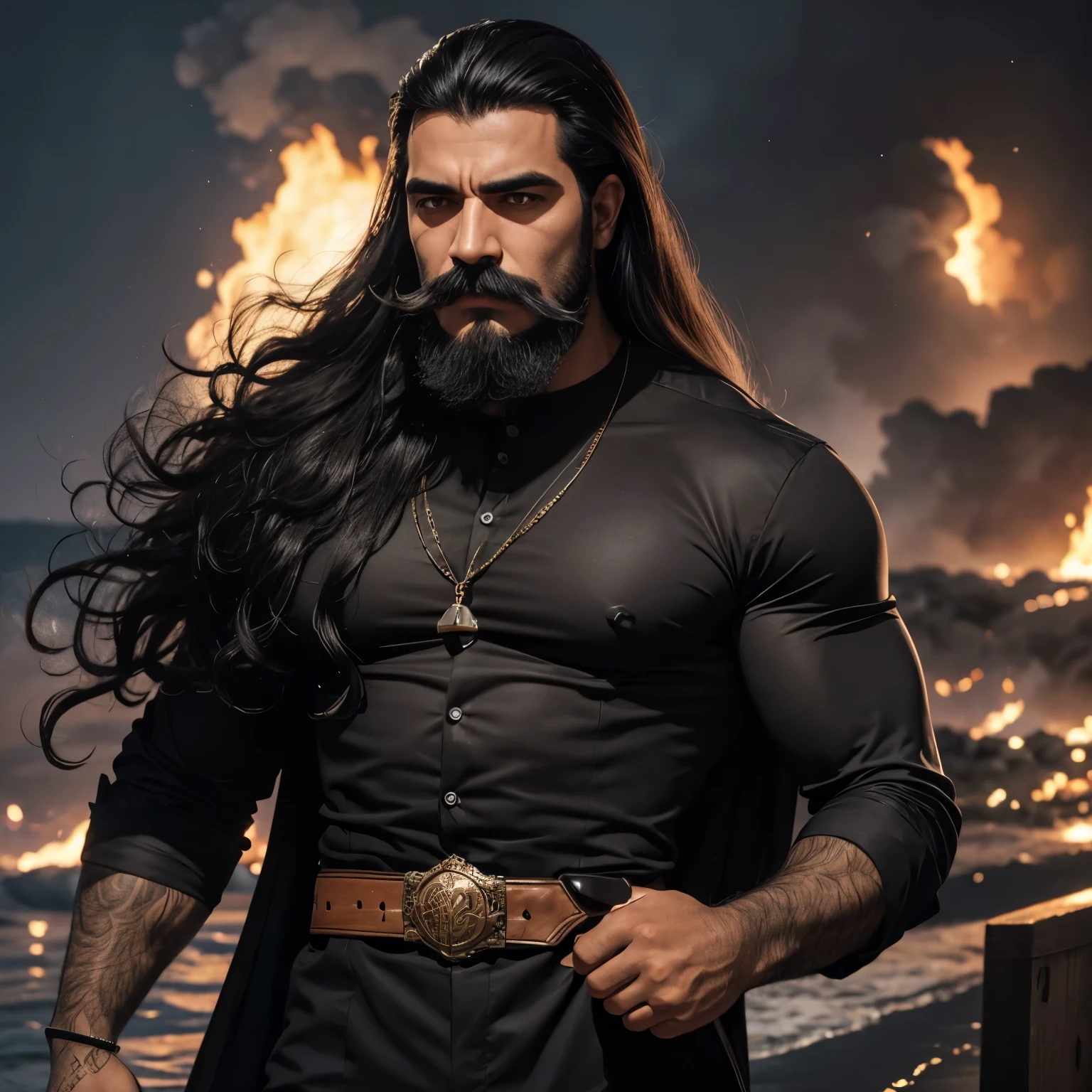 Homem de cabelo preto corpo inteiro usando um terno com metade do bigode na cor branca portando arma de fogo