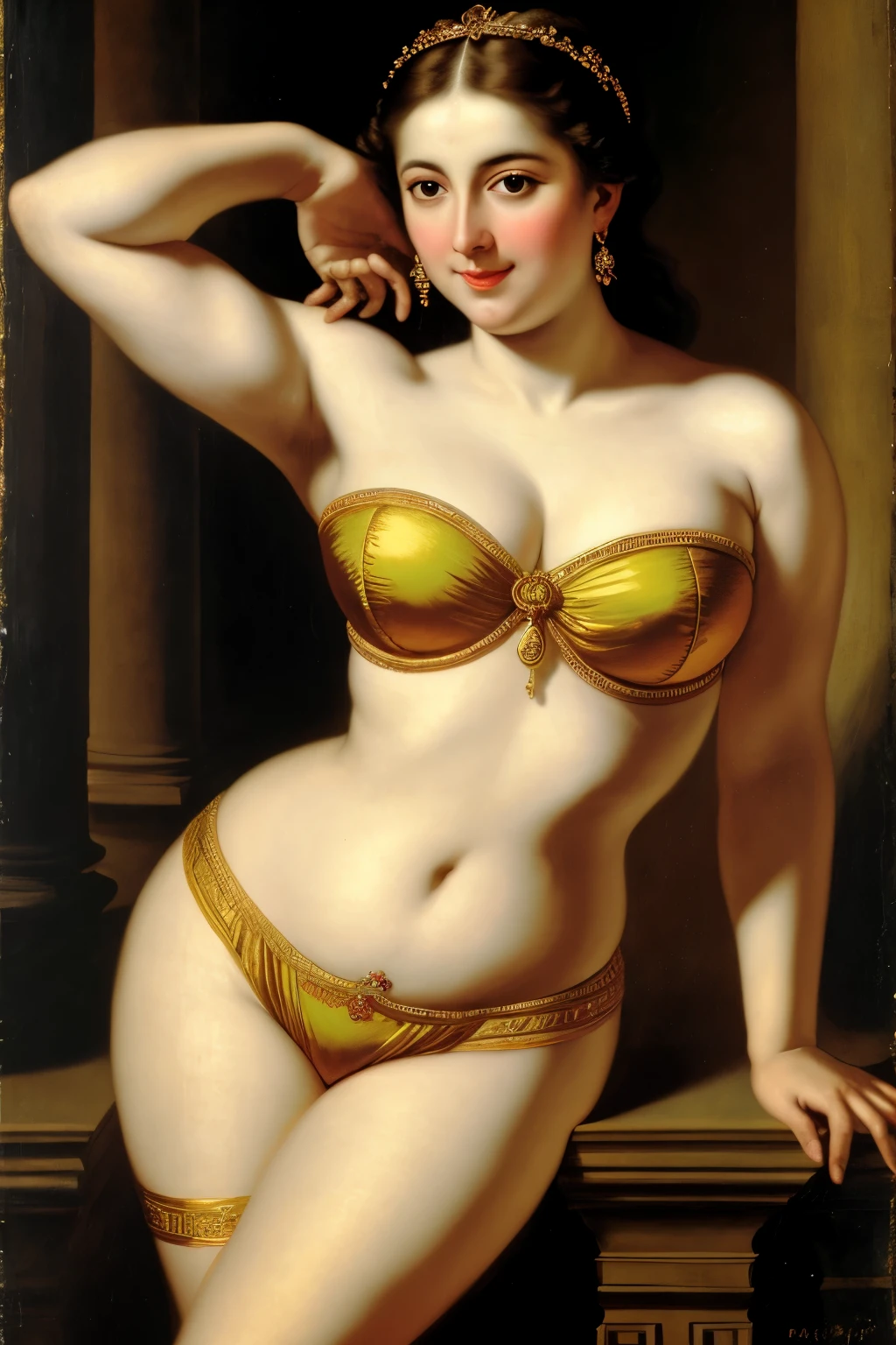 Looks like Pragya Nagra, Masterpiece, Best quality, high clarity eyes, critically flawless,sharp picture, Full portrait, perfect plump figure, High pixels, perfect face, perfect eyes, beautiful face, perfect hands,perfect fingers, in Peter Paul Rubens style, by Peter Paul Rubens, baroque style, acrylic on canvas, highly detailed, description: "Create a nymph inspired by the tales of Greek or Roman mythology, embodying the essence of a natural element or location, and possessing a unique ability or trait that sets her apart.", strapless Bra of ancient times, strapless bralette, armpits showing,