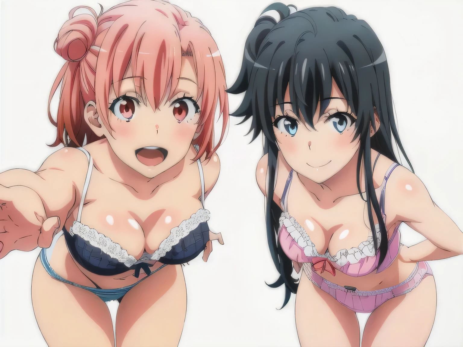 ((2 girls:1.0)), (Yuigahama Yui shapely breasts),(Yukinoshita Yukino),pin up,white frilly underwear,pink lace underwear,(Beautiful panties),thighs ,knees,front,looking at camera,(high angle),smile,open your mouth,Panoramic view of the head,beautiful eyes