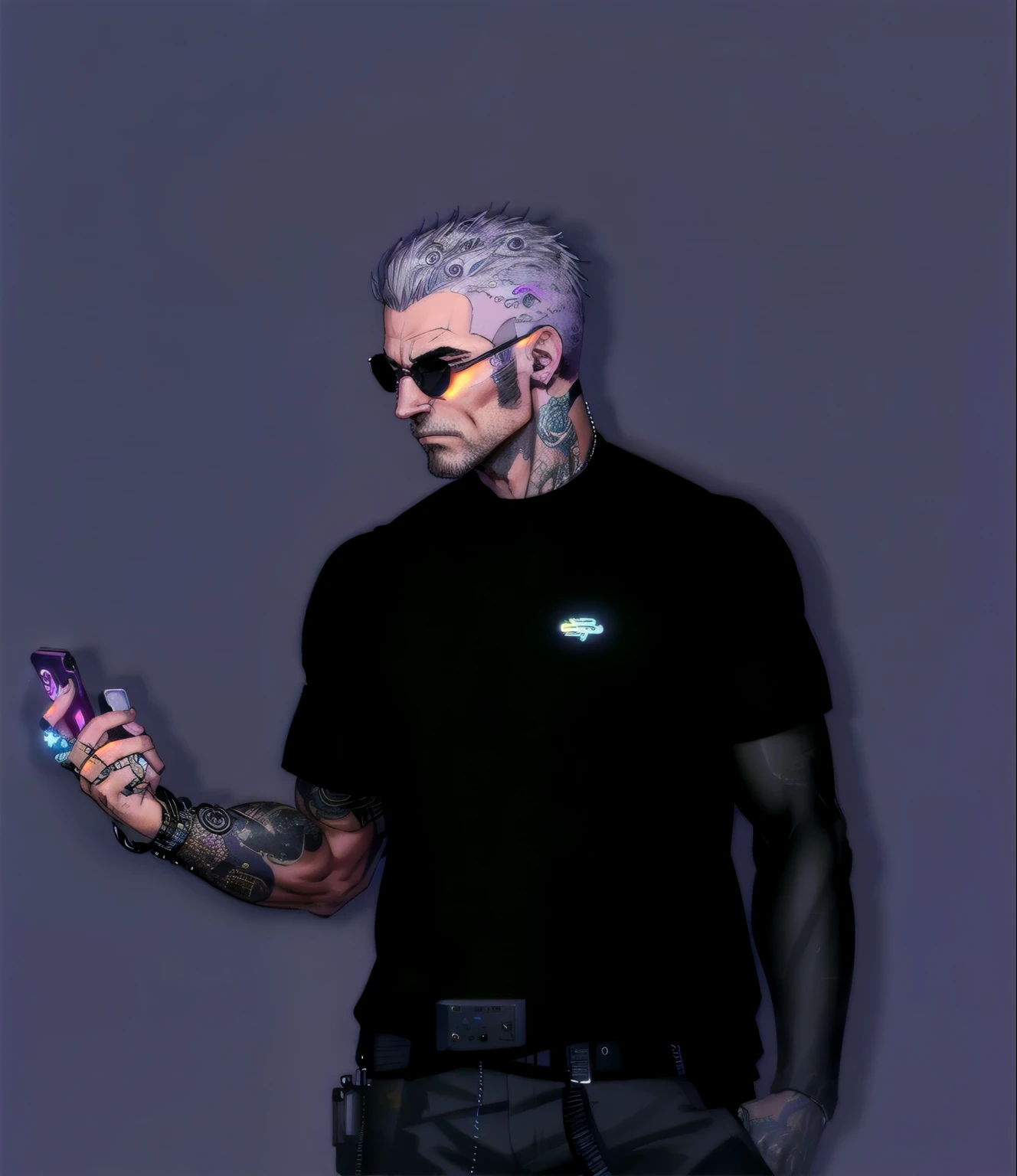there is a man with a tattoo on his arm holding a cell phone, capanga de rua cyberpunk, cara ciberpunk, no cyberpunk 2077, avatar da segunda vida, uma ovelha, avatar da parte superior do corpo, inspirado em Gang Se-hwang, cyberpunk scenario, vestindo cyberpunk, mechanical punk clothing, como um personagem do GTAV, Moda ciberpunk, Cyber style, wearing space technological clothing, mudar background para universo cyberpunk
