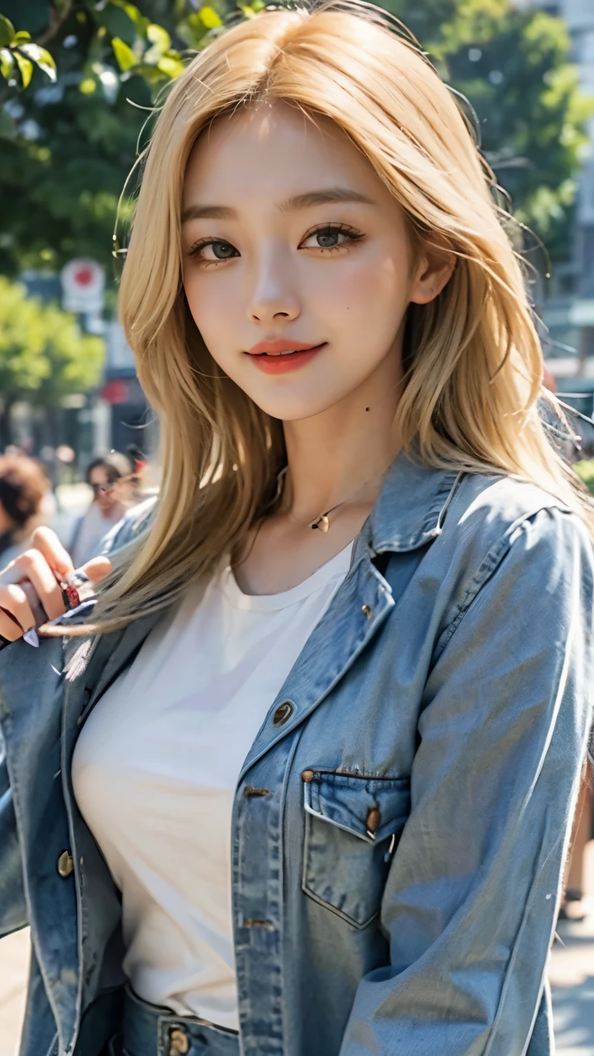 Beautiful park garin women long blonde hair medium size boob casual outfit on the concert crowded sunlight upper body short smile
