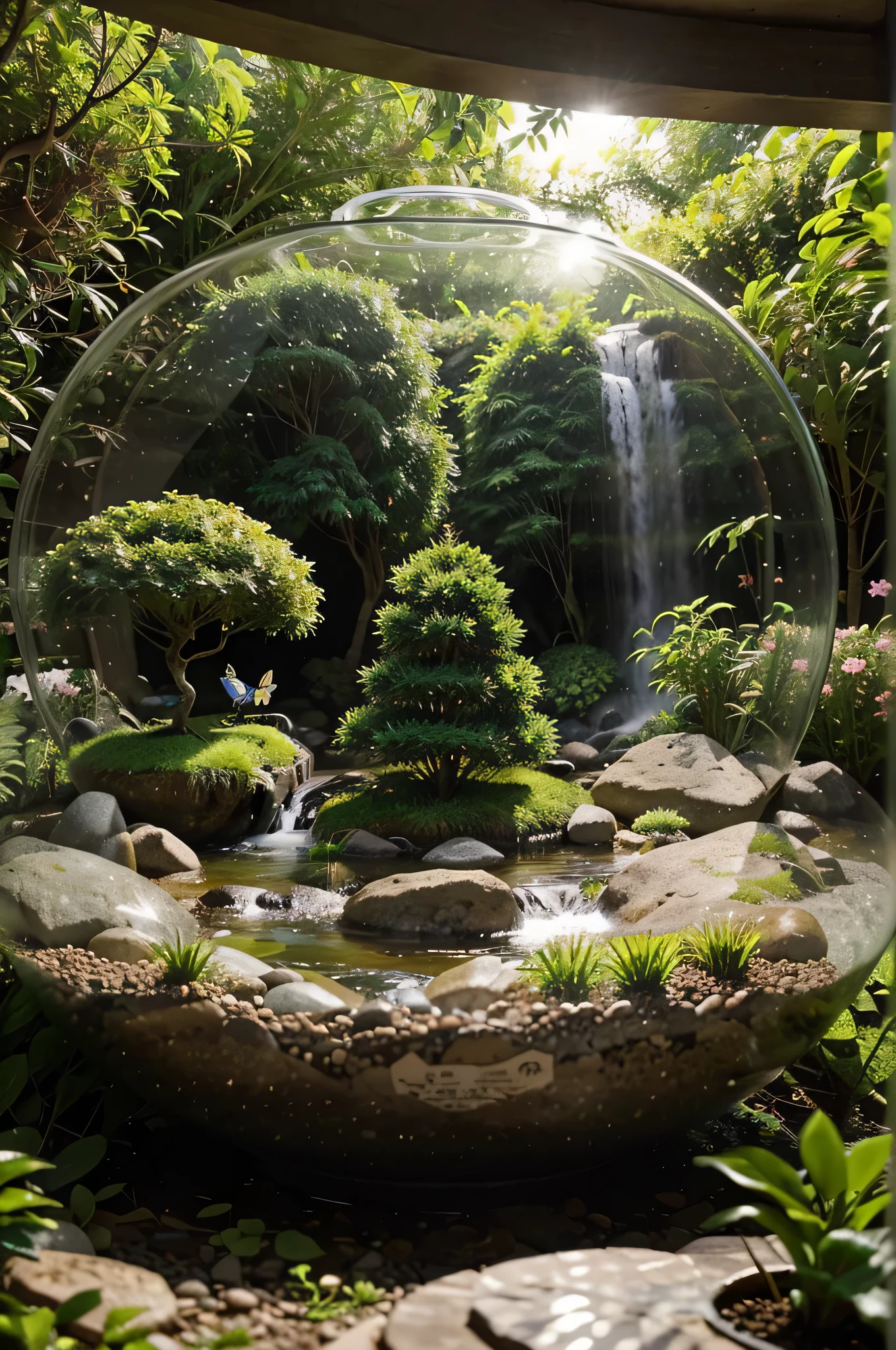 Inside the terrarium, um jardim encantador se desdobra como uma obra de arte em miniatura: Delicate flowers bloom in a riot of vibrant colors, surrounded by lush green vegetation. Caminhos sinuosos de cascalho branco serpenteiam entre os canteiros de flores, leading the eye through a meticulously planned landscape. Small miniature trees punctuate the scenery, while a crystal clear waterfall adds a serene touch to the composition. Butterflies and birds fly gracefully, bringing life and movement to this miniature botanical oasis. preencher a imagem