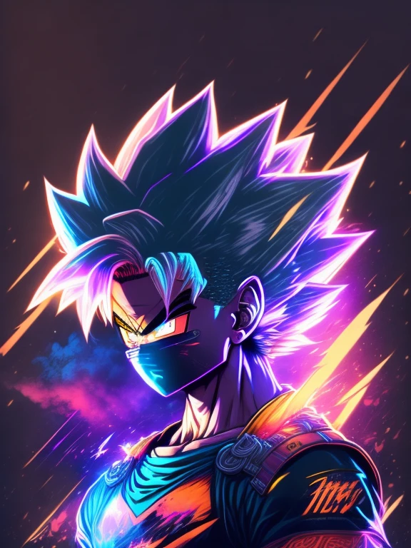 "young face of goku super saiyajin, ambiente cyberpunk, lightning flashes, design de camiseta estilizado, meio da jornada, arte vetorial vibrante, hydro74"