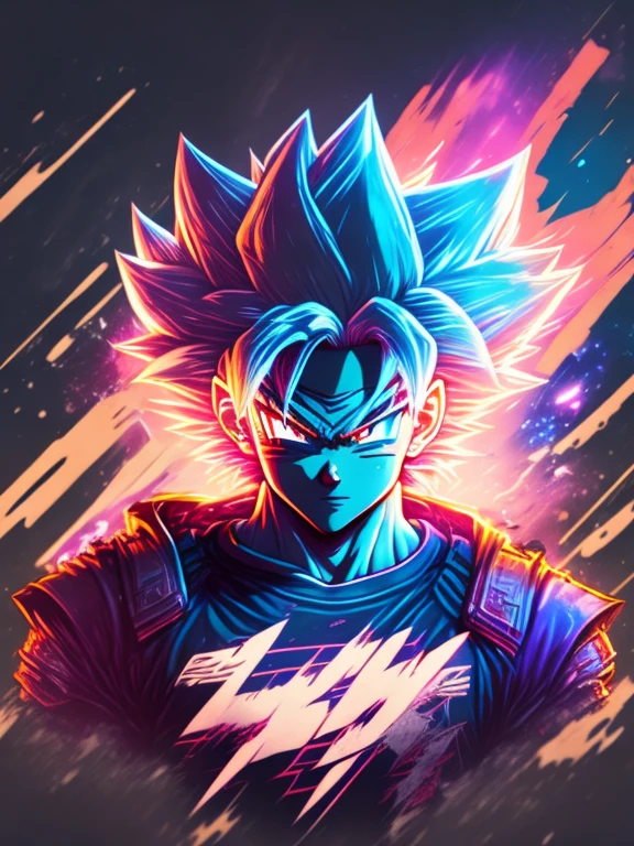 "young face of goku super saiyajin, ambiente cyberpunk, lightning flashes, design de camiseta estilizado, meio da jornada, arte vetorial vibrante, hydro74"