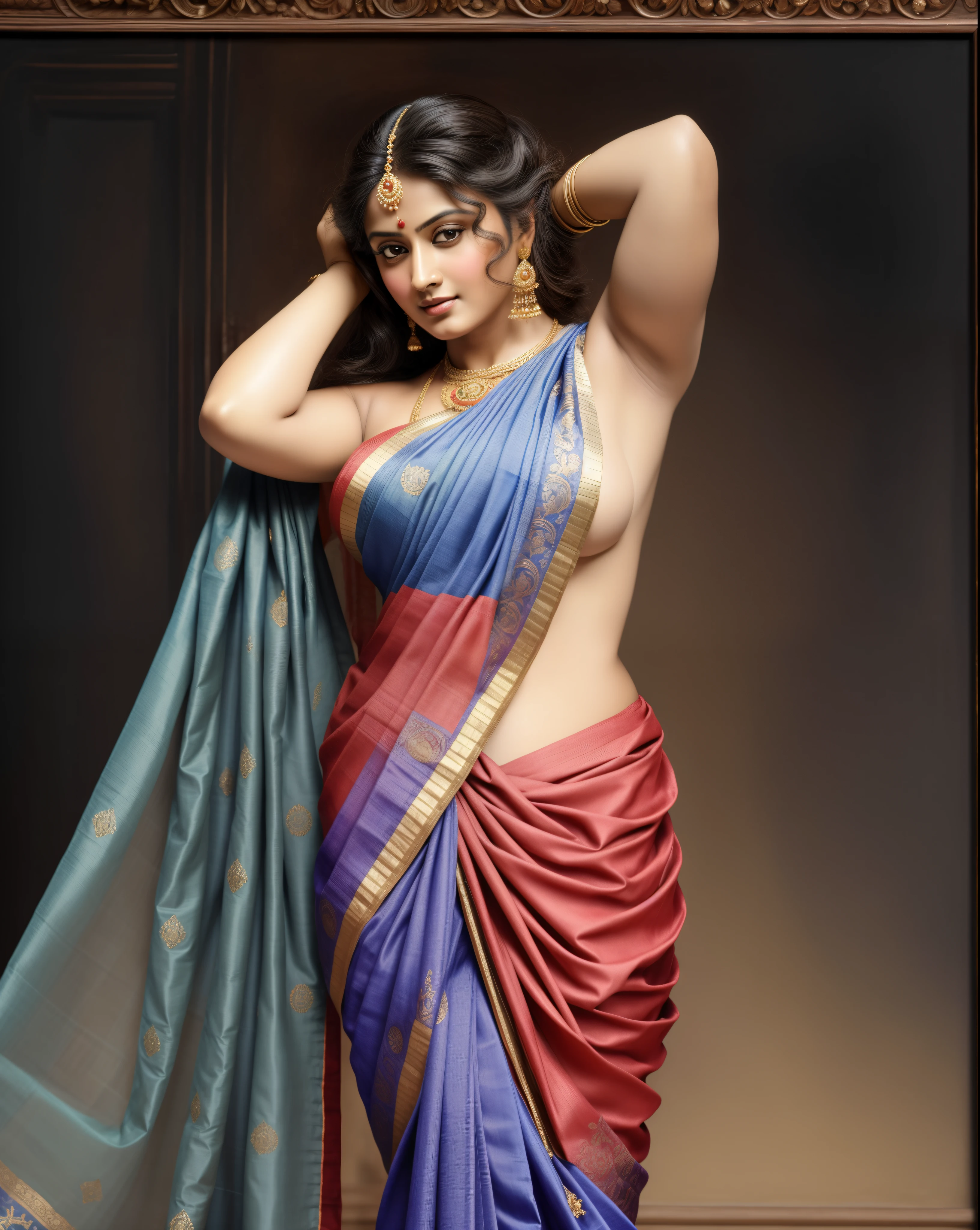 Beautiful Indian Woman, wearing saree, sari Beauty, gorgeous, Apsara, Maharani, royal queen woman, nymph from Hindu Mythology, Urvashi, matchless beauty, Highly detailed, Oil Painting by Peter Paul Rubens inspired by Raja Ravi Varma, Matchless beauty, captivating, gorgeous, heavenly beauty, celestial beauty, by Peter Paul Rubens, 1893, realistic, hyper realistic, micro details, incredible artwork, insane details, ultra High resolution, 8k, 32k, acrylic on canvas, intricate, flawless, detailed, detailed face, detailed eyes, masterpiece, by Peter Paul Rubens, by Caravaggio, by William Adolphe bouguereau, perfect face, perfect body, beautiful art, realism, baroque, renaissance Art, highly textured, beautiful and detailed eyes, uhd, best quality,