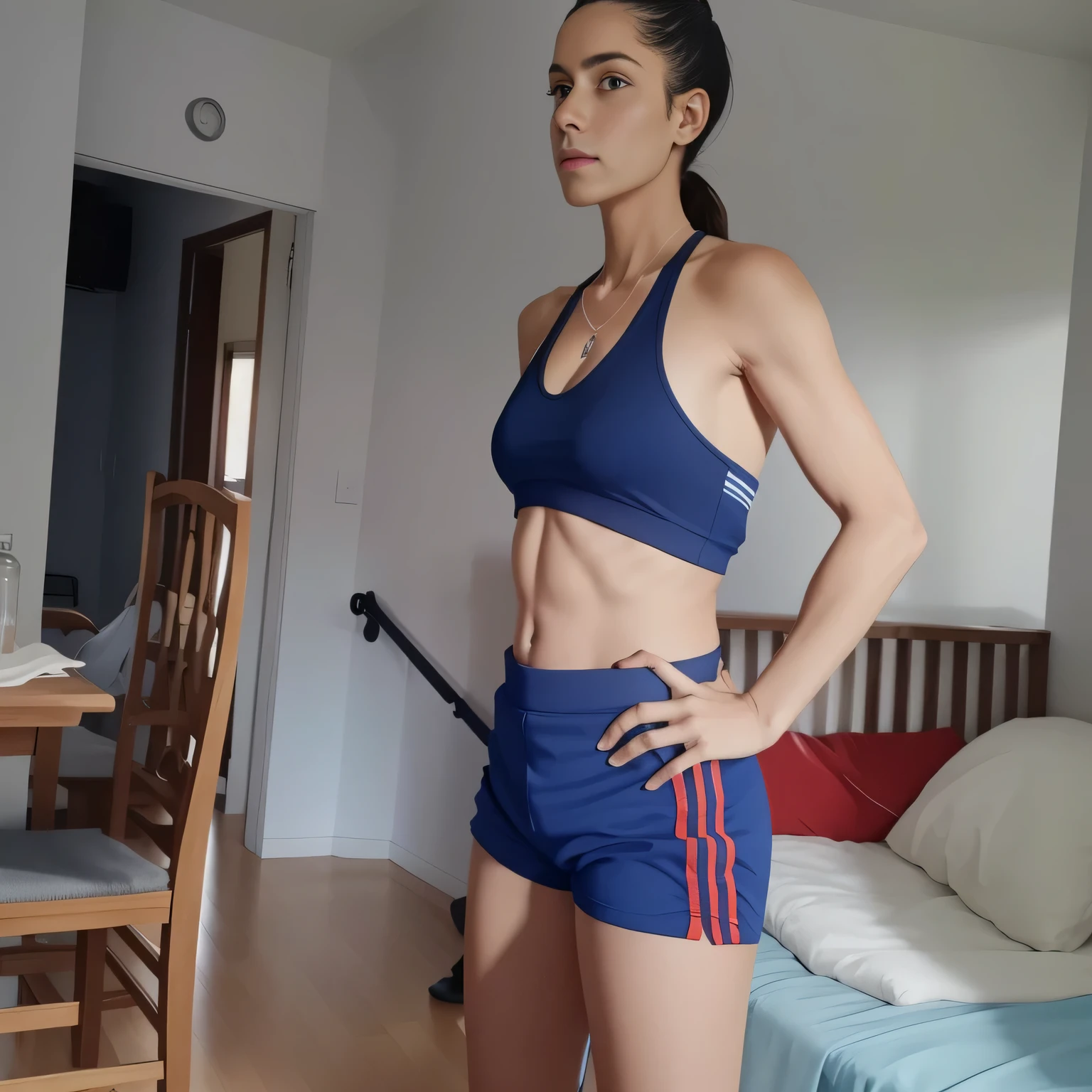 woman in blue sports bra and blue shorts with red vertical stripes, Standing in a living room, sports bra and shorts, sports bra and dark blue shorts, foto adequada, tiro do meio da cintura para cima, plano amplo de corpo inteiro, corte de meio corpo, mulher baixa e robusta, pose lateral, 3 Brazilian mother of 5 years, tiro do meio do corpo, olhando de lado!, cintura - tiro, with abdomen. Foto de corpo inteiro, foto clara, alta qualidade, high resolution, obra-prima, 8K.