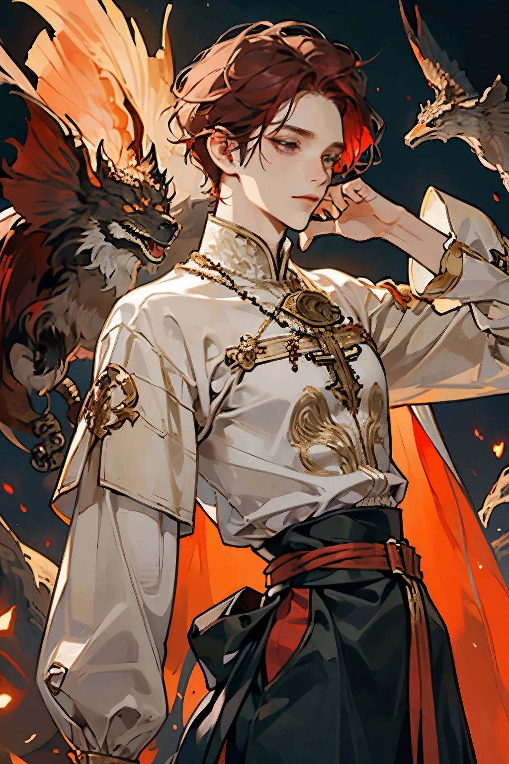 (best quality,adul,1 man,very tall,elegant,short crimson hair,dark black  eyes,bohemian-style medieval clothing,fantasy medieval background,soft lighting,scholarly)