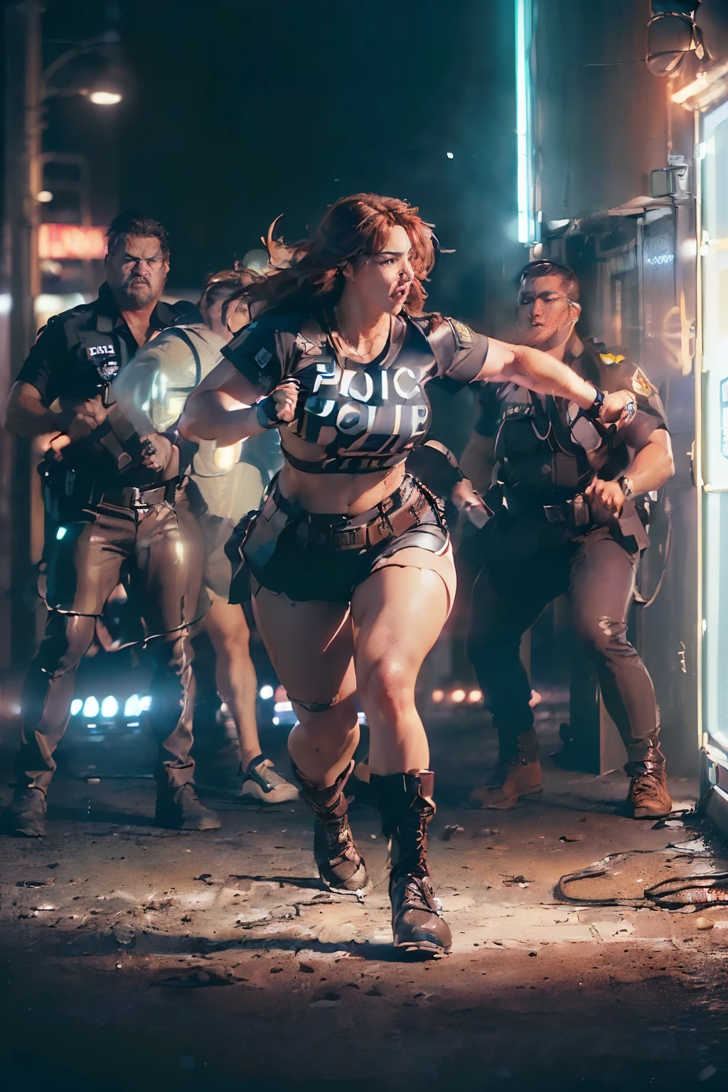 ((Full body shot with a wide angle lens:1.5)), ((Realistic persona:1.2)), ((Curvy woman with Roma heritage:1.3)), ((Fierce police officer:1.4)), ((Look-alike of Kate Winslet:1.2)), ((Long brown hairs:1.4)), ((Dramatic action:1.5)), ((Punching a man (goon):1.4)), ((Neon lights in the background:1.37)), ((Enhancing a sense of urgency and action:1.5)), ((Unreal Engine:1.2)), ((Hyper-Realistic:1.3 - v5.2:1