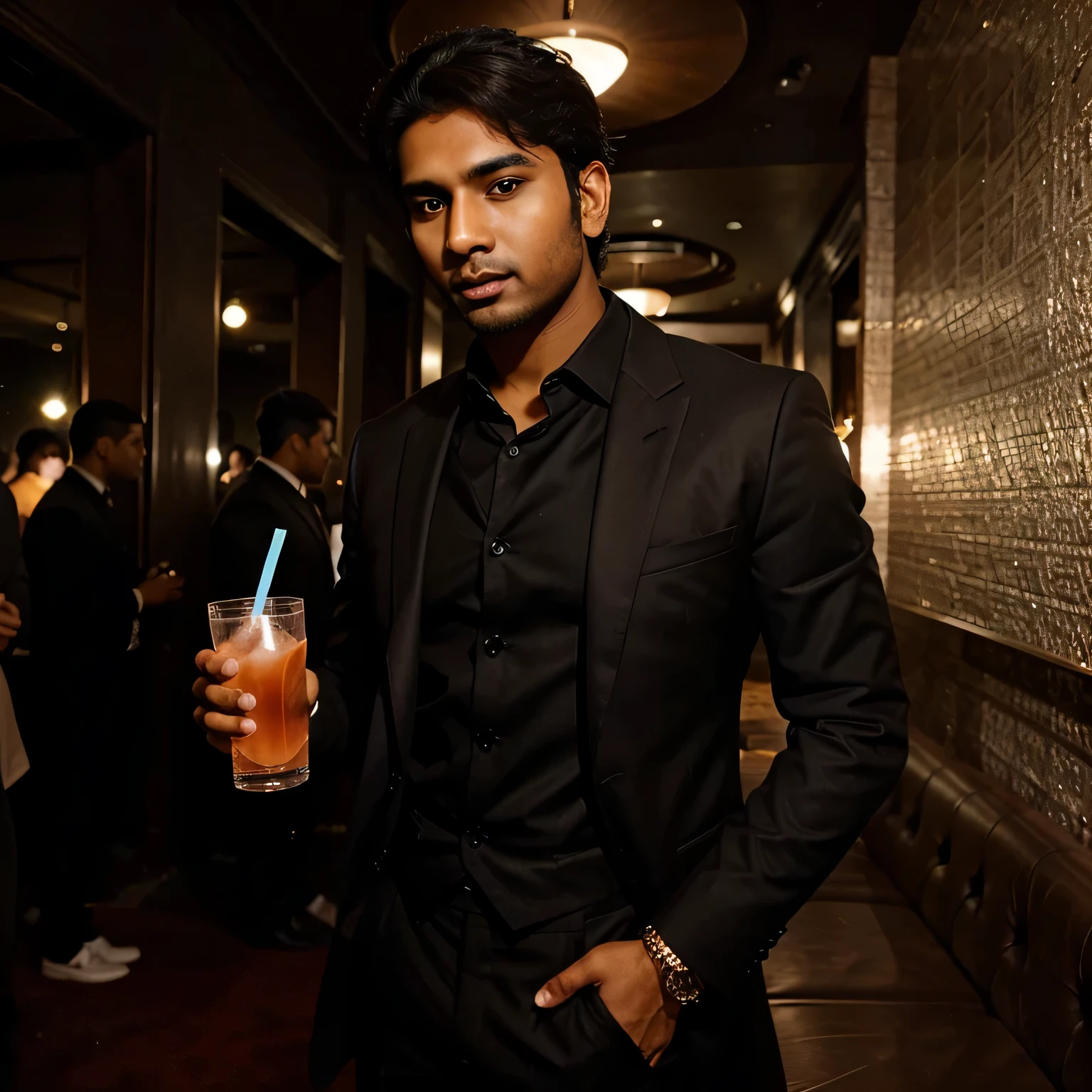 brown indian guy 26 year old with subtle beadr at a part holding a drink in his hand in a club wearing all black formals