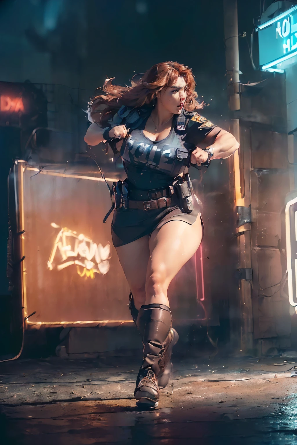 ((Full body shot with a wide angle lens:1.5)), ((Realistic persona:1.2)), ((Curvy woman with Roma heritage:1.3)), ((Fierce police officer:1.4)), ((Look-alike of Kate Winslet:1.2)), ((Long brown hairs:1.4)), ((Dramatic action:1.5)), ((Punching a man (goon):1.4)), ((Neon lights in the background:1.37)), ((Enhancing a sense of urgency and action:1.5)), ((Unreal Engine:1.2)), ((Hyper-Realistic:1.3 - v5.2:1