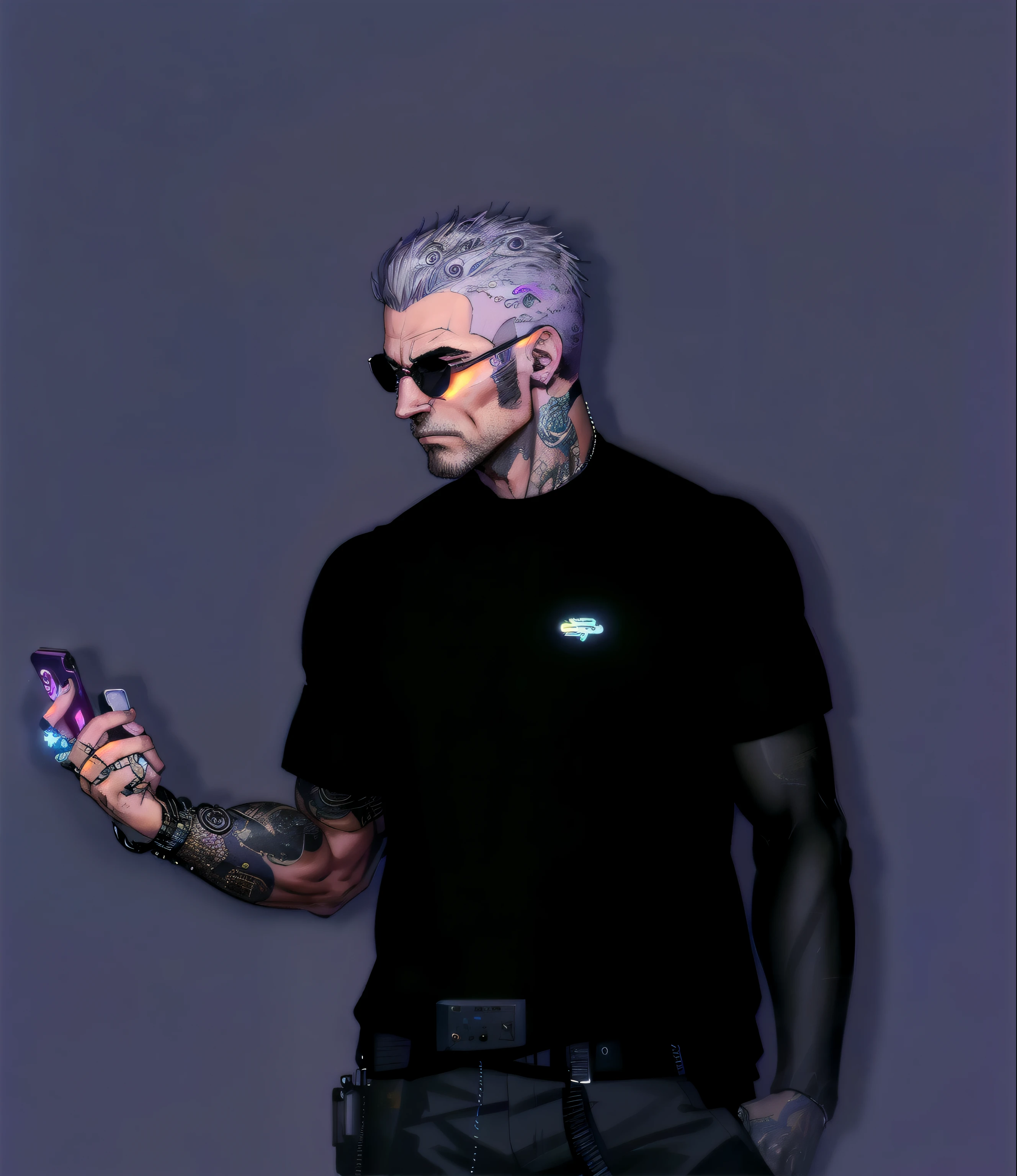 there is a man with a tattoo on his arm holding a cell phone, capanga de rua cyberpunk, jeito cyberpunk, sem cyberpunk 2077, avatar da segunda vida, uma ovelha, avatar da parte superior do corpo, inspirado em Gang Se-hwang, cyberpunk scene, vestindo cyberpunk, mechanical punk clothes, como um personagem do GTAV, moda ciberpunk, Cyber style, wearing space technological clothing, mudar background para universo cyberpunk