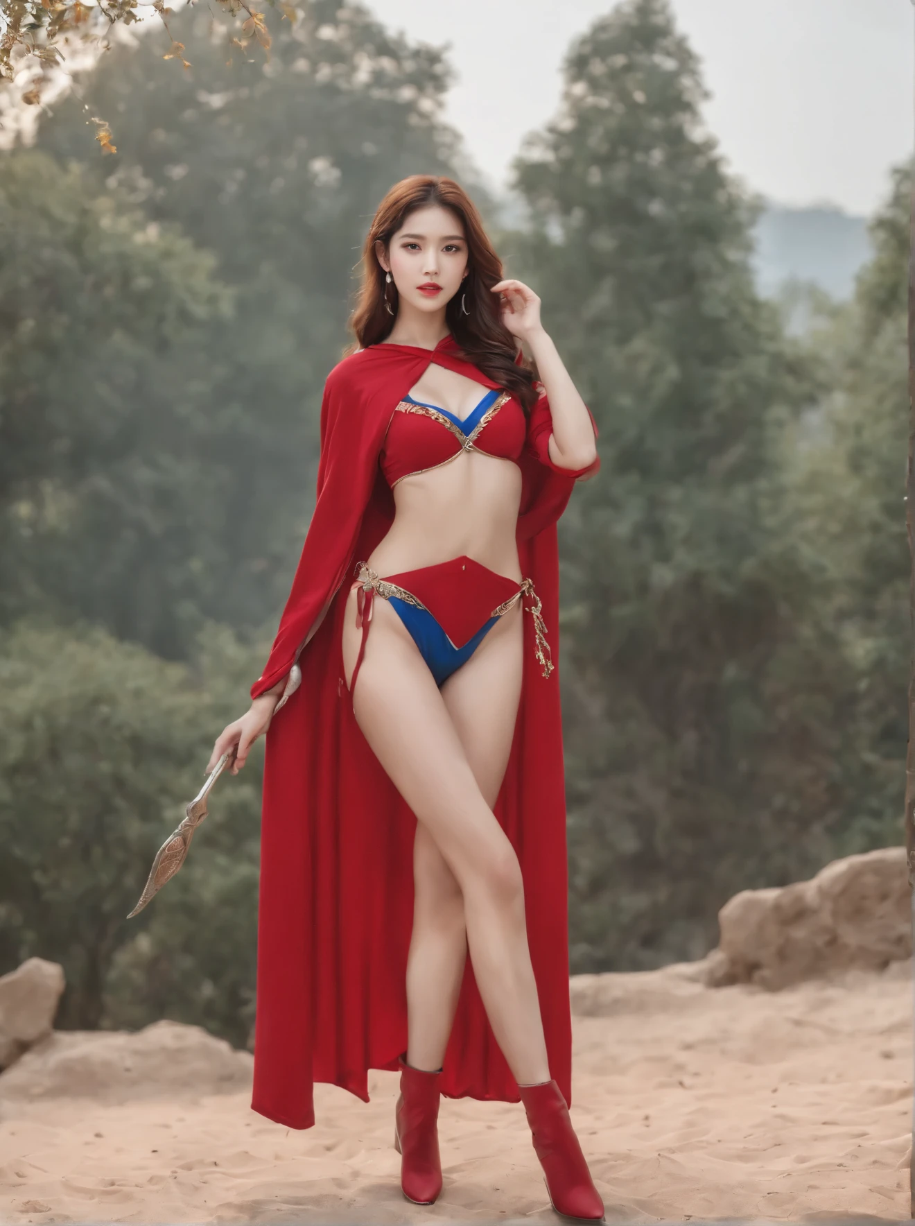 8K HD, sexy princess, female knight, Red bikini armor, Armor on shoulders, metal style, High-cut red bra and long blue cape, extra large , long legs, perspective, Wear metal boots, Photos of Korean 18-year-old beauties, sweet smile, There is a hat on the head, Ornaments around the neck, Can be seen all over the body, standing posture, 展露long legs
