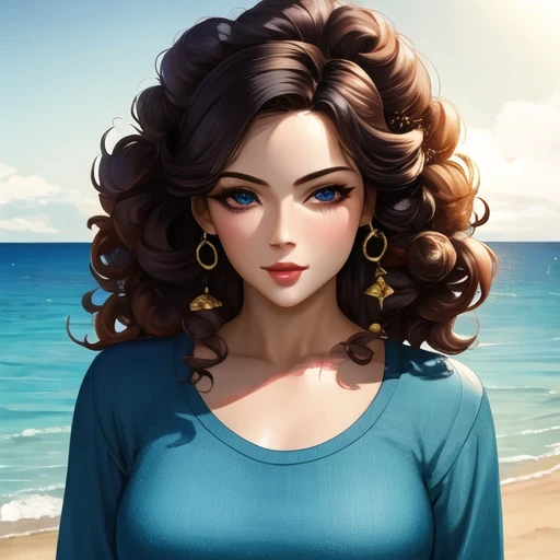 surreal, 4k, Professional photos, 22 year old girl, black girl, big curly hair, high dynamic range, Detailed face, medium build, floral skirt, (Open blue shirt), masterpiece, (Light), (Only 1), beach background, realistic background, Realistic photos
